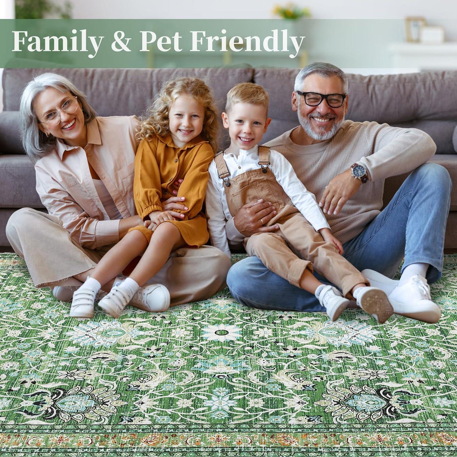 image:imageGarvee 5x7 Living Room Rugs Machine Washable Area Rugs Vintage Bordered Floor Cover Carpet with Non Slip Backing Non Shedding Low Pile Soft Mats for Bedroom Nursery Office GreenFloralgreen