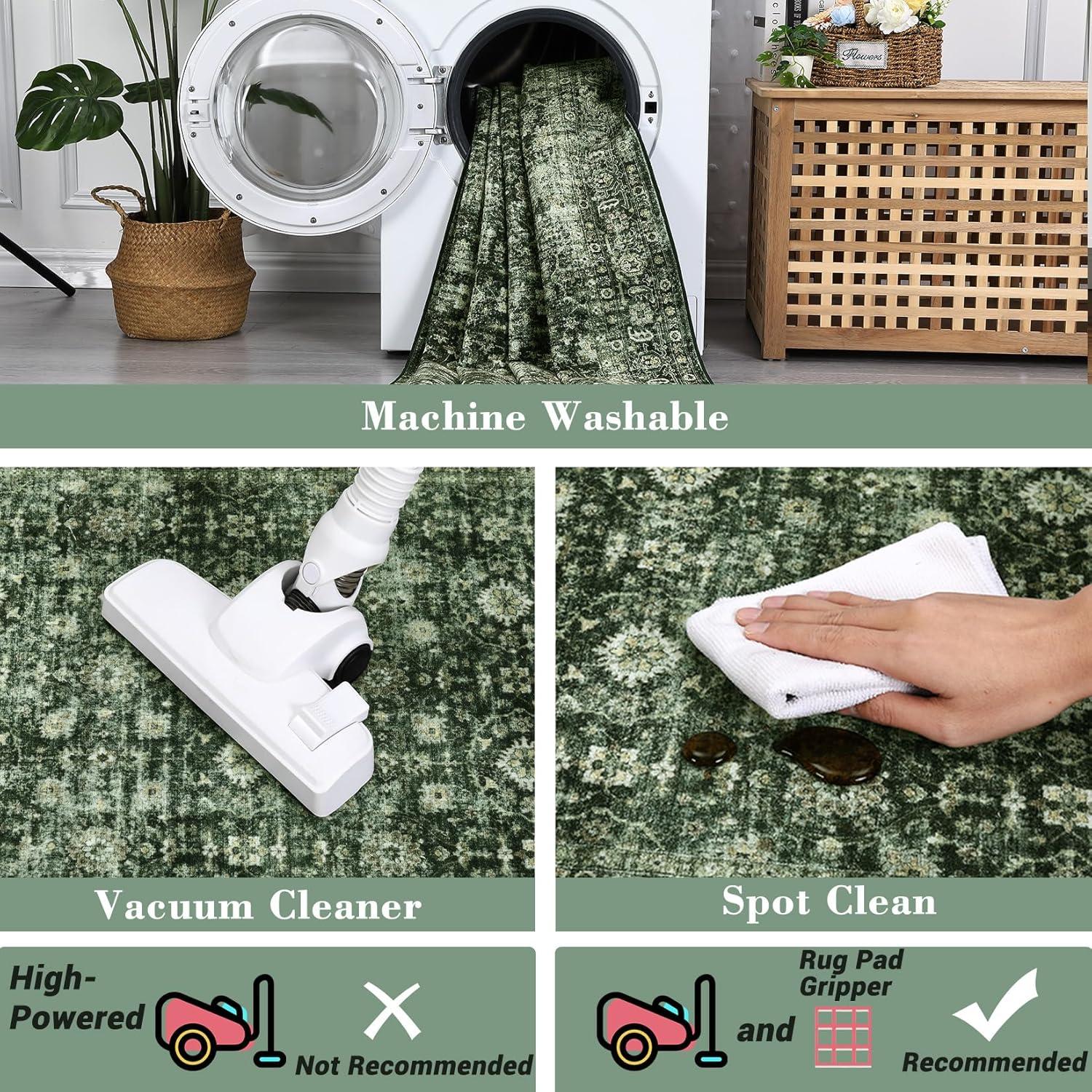 image:imageGarvee 5x7 Living Room Rugs Machine Washable Area Rugs Vintage Bordered Floor Cover Carpet with Non Slip Backing Non Shedding Low Pile Soft Mats for Bedroom Nursery Office GreenVintagegreen