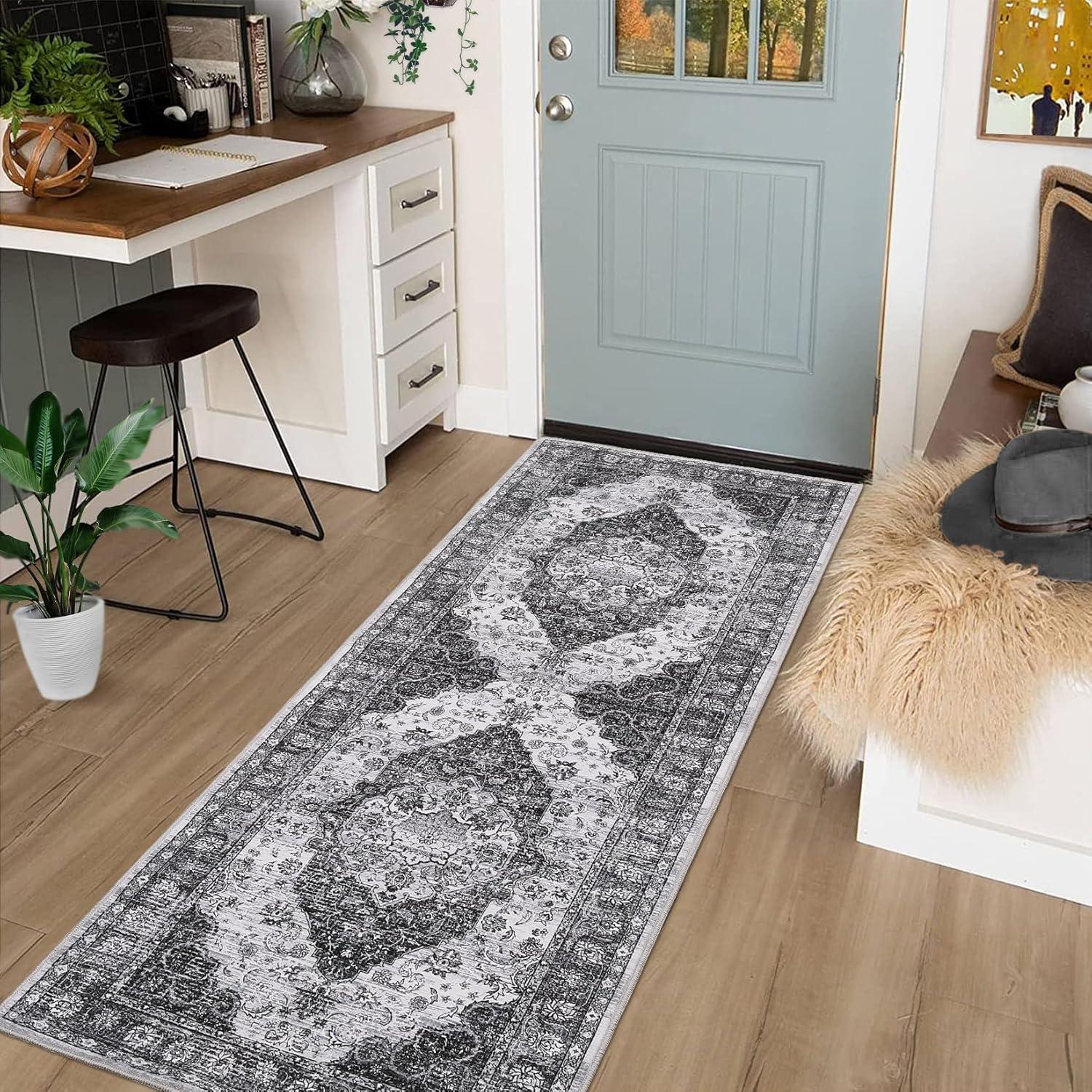 image:imageGarvee 5x7 Living Room Rugs Machine Washable Area Rugs Vintage Bordered Floor Cover Carpet with Non Slip Backing Non Shedding Low Pile Soft Mats for Bedroom Nursery Office GreenFarmhousegrey