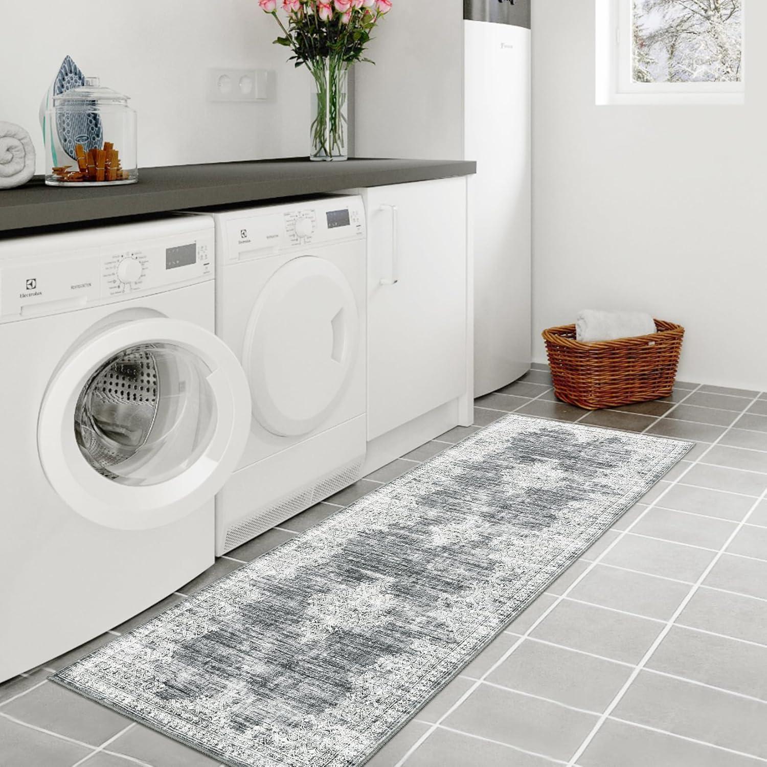 image:imageGarvee 5x7 Living Room Rugs Machine Washable Area Rugs Vintage Bordered Floor Cover Carpet with Non Slip Backing Non Shedding Low Pile Soft Mats for Bedroom Nursery Office GreenBorderedgrey