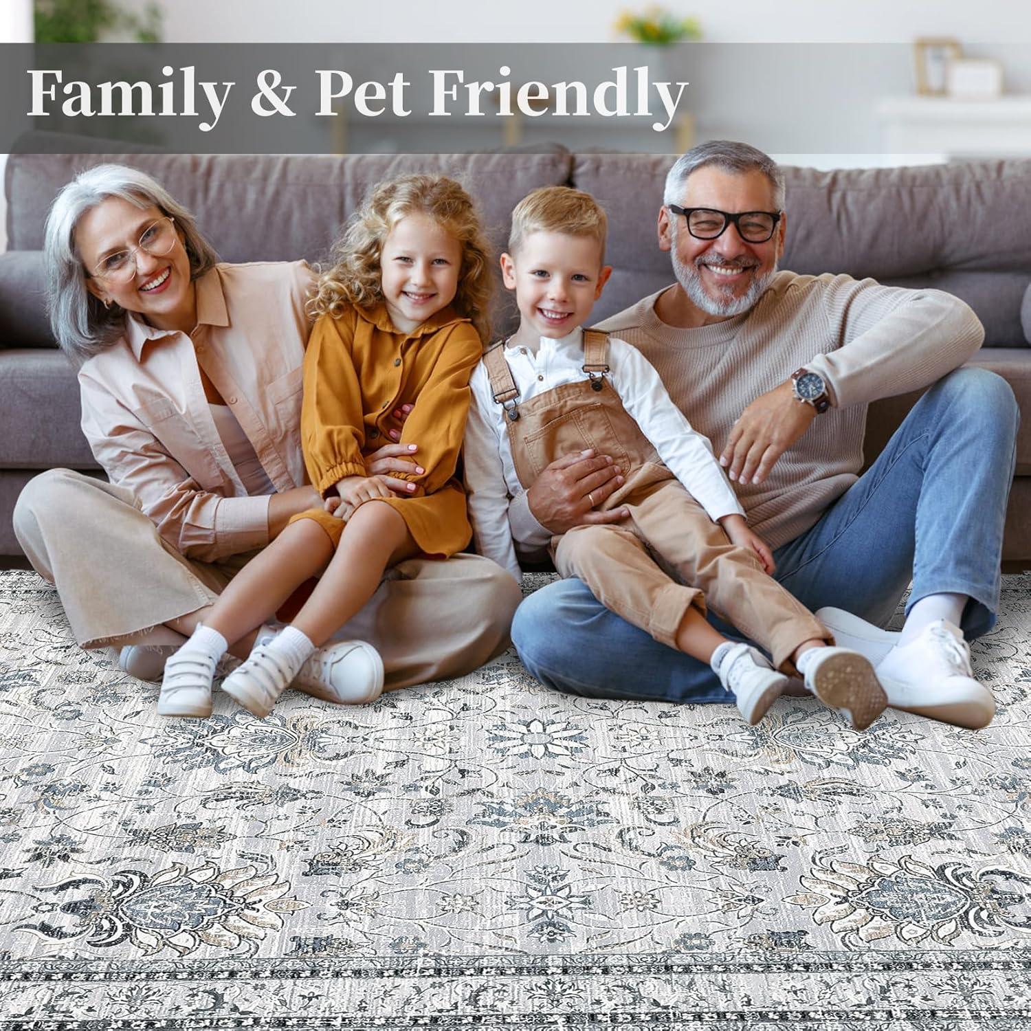 image:imageGarvee 5x7 Living Room Rugs Machine Washable Area Rugs Vintage Bordered Floor Cover Carpet with Non Slip Backing Non Shedding Low Pile Soft Mats for Bedroom Nursery Office GreenFloralgrey