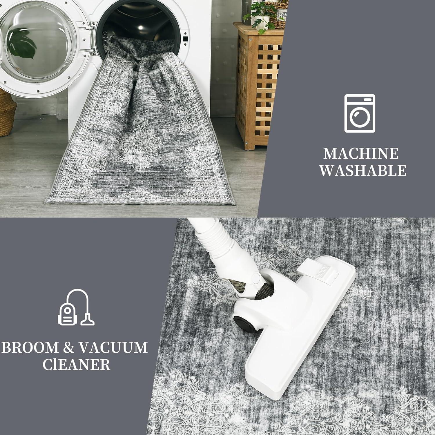 image:imageGarvee 5x7 Living Room Rugs Machine Washable Area Rugs Vintage Bordered Floor Cover Carpet with Non Slip Backing Non Shedding Low Pile Soft Mats for Bedroom Nursery Office GreenBorderedgrey