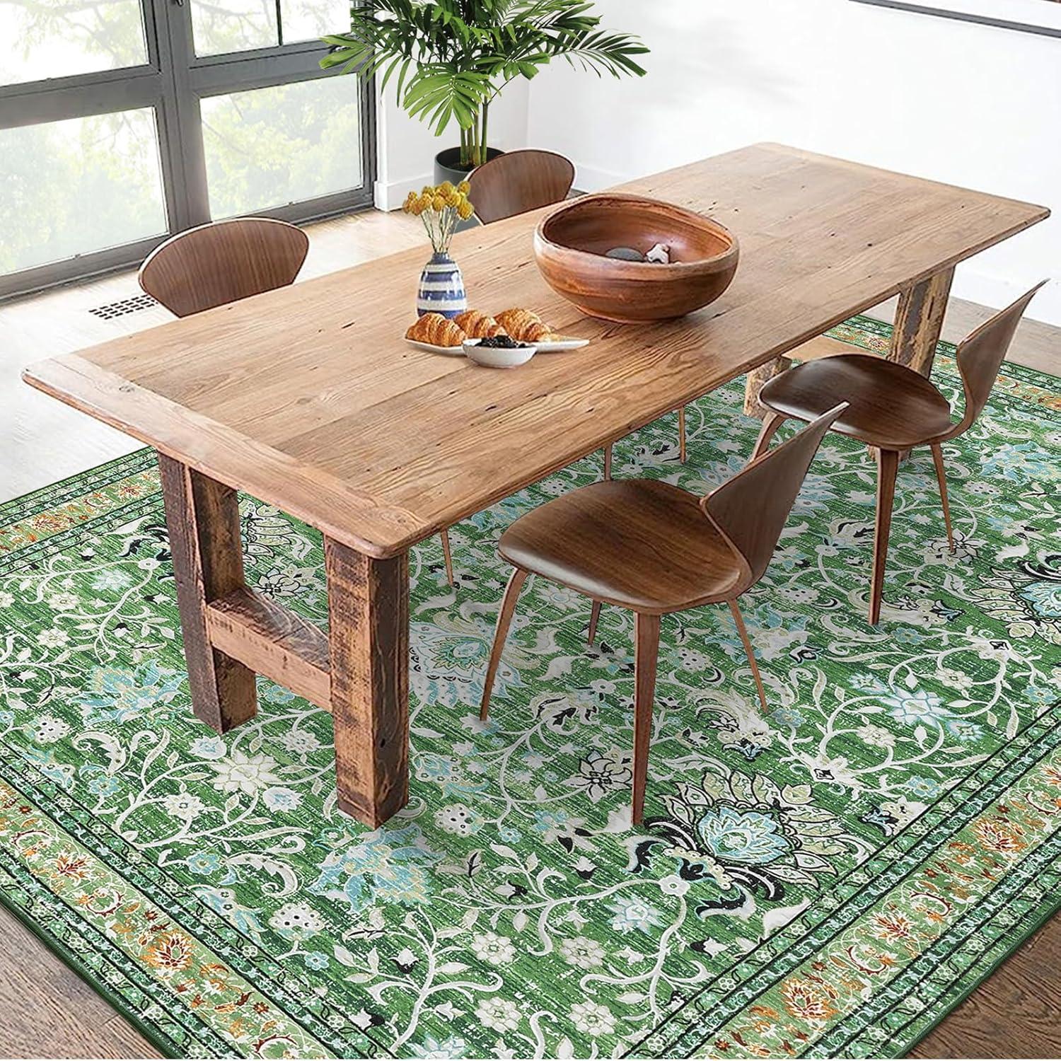 image:imageGarvee 5x7 Living Room Rugs Machine Washable Area Rugs Vintage Bordered Floor Cover Carpet with Non Slip Backing Non Shedding Low Pile Soft Mats for Bedroom Nursery Office GreenFloralgreen