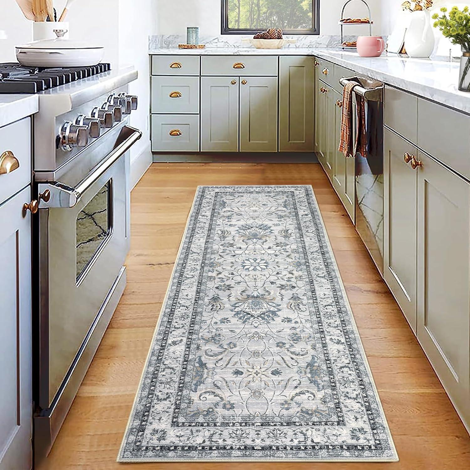 image:imageGarvee 5x7 Living Room Rugs Machine Washable Area Rugs Vintage Bordered Floor Cover Carpet with Non Slip Backing Non Shedding Low Pile Soft Mats for Bedroom Nursery Office GreenFloralgrey