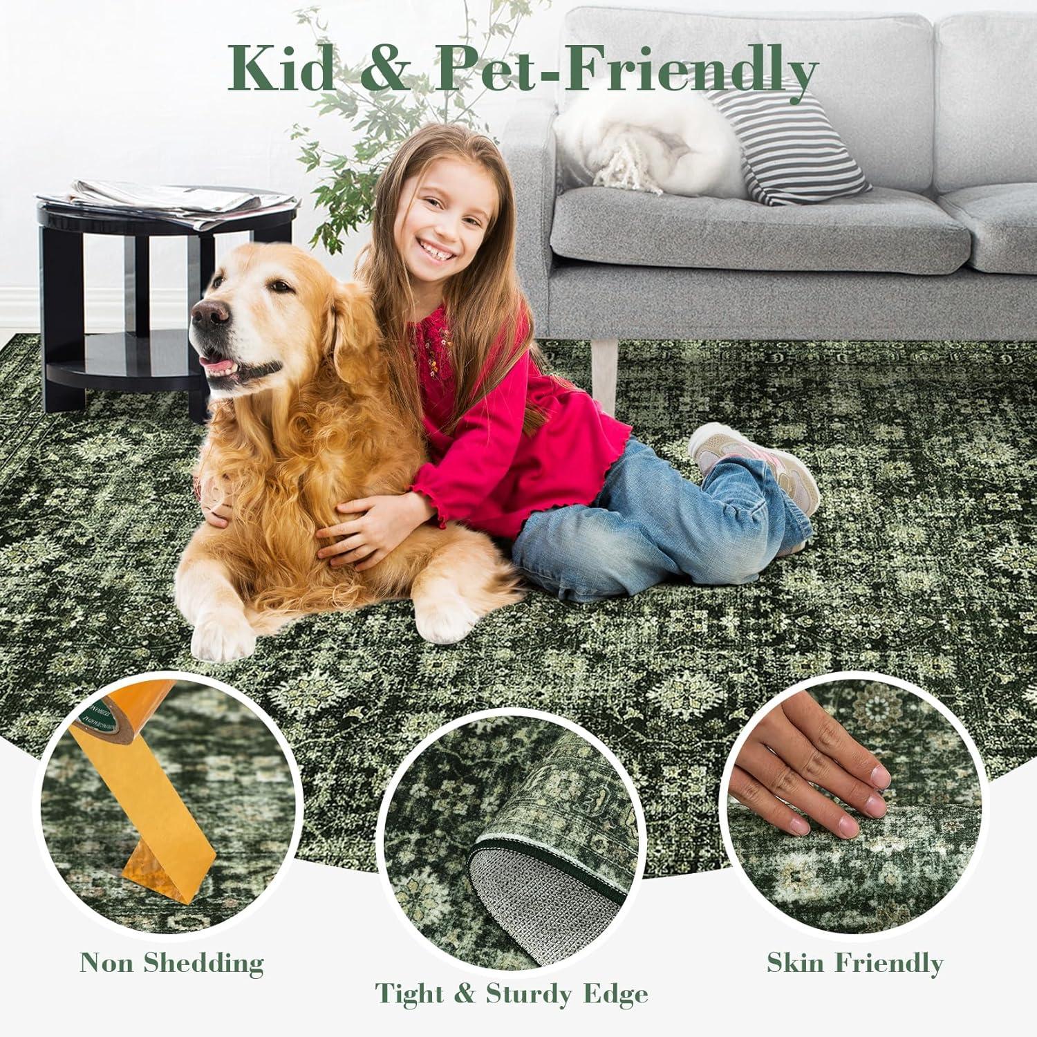 image:imageGarvee 5x7 Living Room Rugs Machine Washable Area Rugs Vintage Bordered Floor Cover Carpet with Non Slip Backing Non Shedding Low Pile Soft Mats for Bedroom Nursery Office GreenVintagegreen
