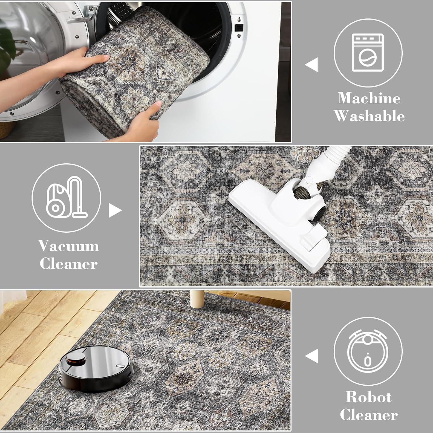 image:imageGarvee 5x7 Living Room Rugs Machine Washable Area Rugs Vintage Bordered Floor Cover Carpet with Non Slip Backing Non Shedding Low Pile Soft Mats for Bedroom Nursery Office GreenDistressedblueGrey