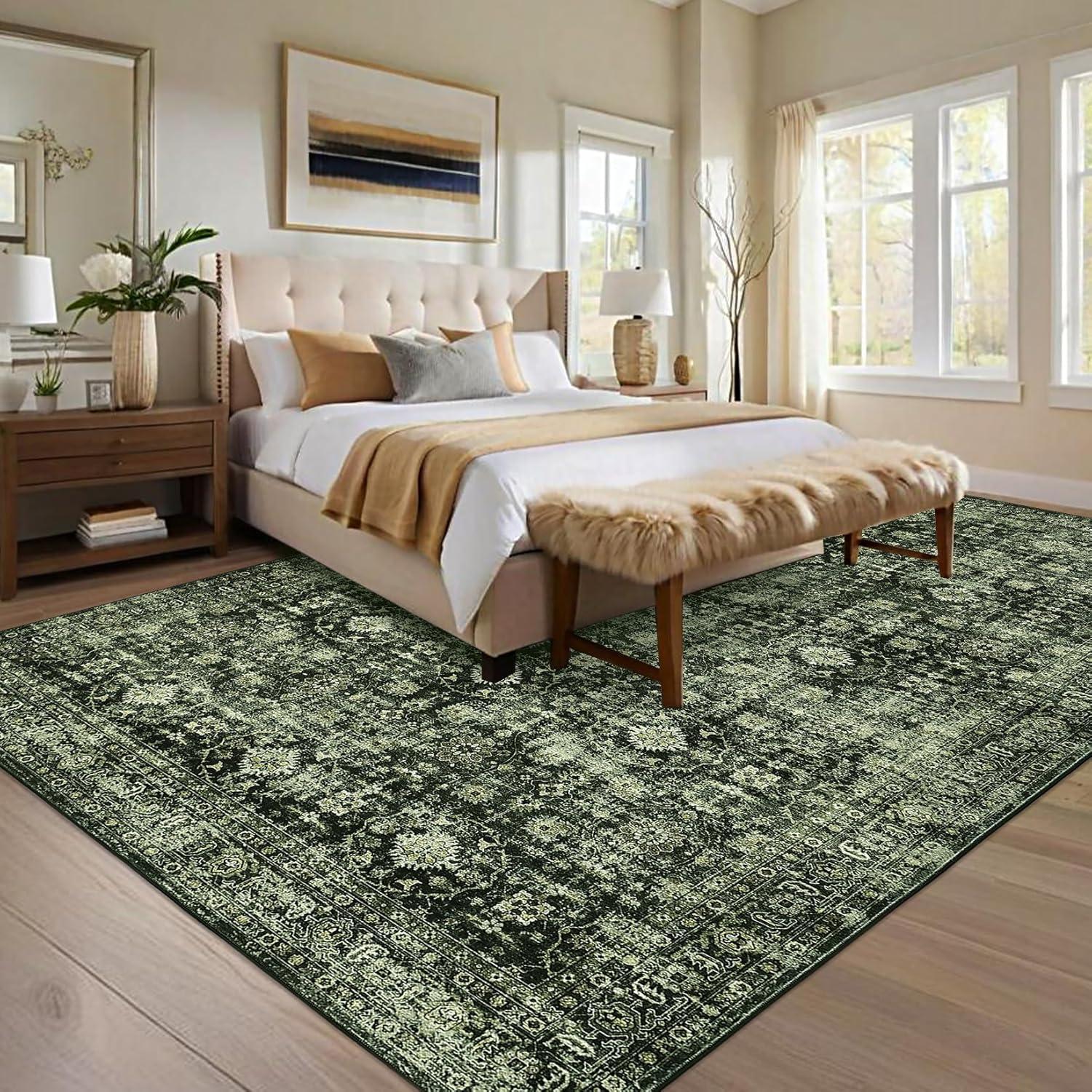 image:imageGarvee 5x7 Living Room Rugs Machine Washable Area Rugs Vintage Bordered Floor Cover Carpet with Non Slip Backing Non Shedding Low Pile Soft Mats for Bedroom Nursery Office GreenVintagegreen