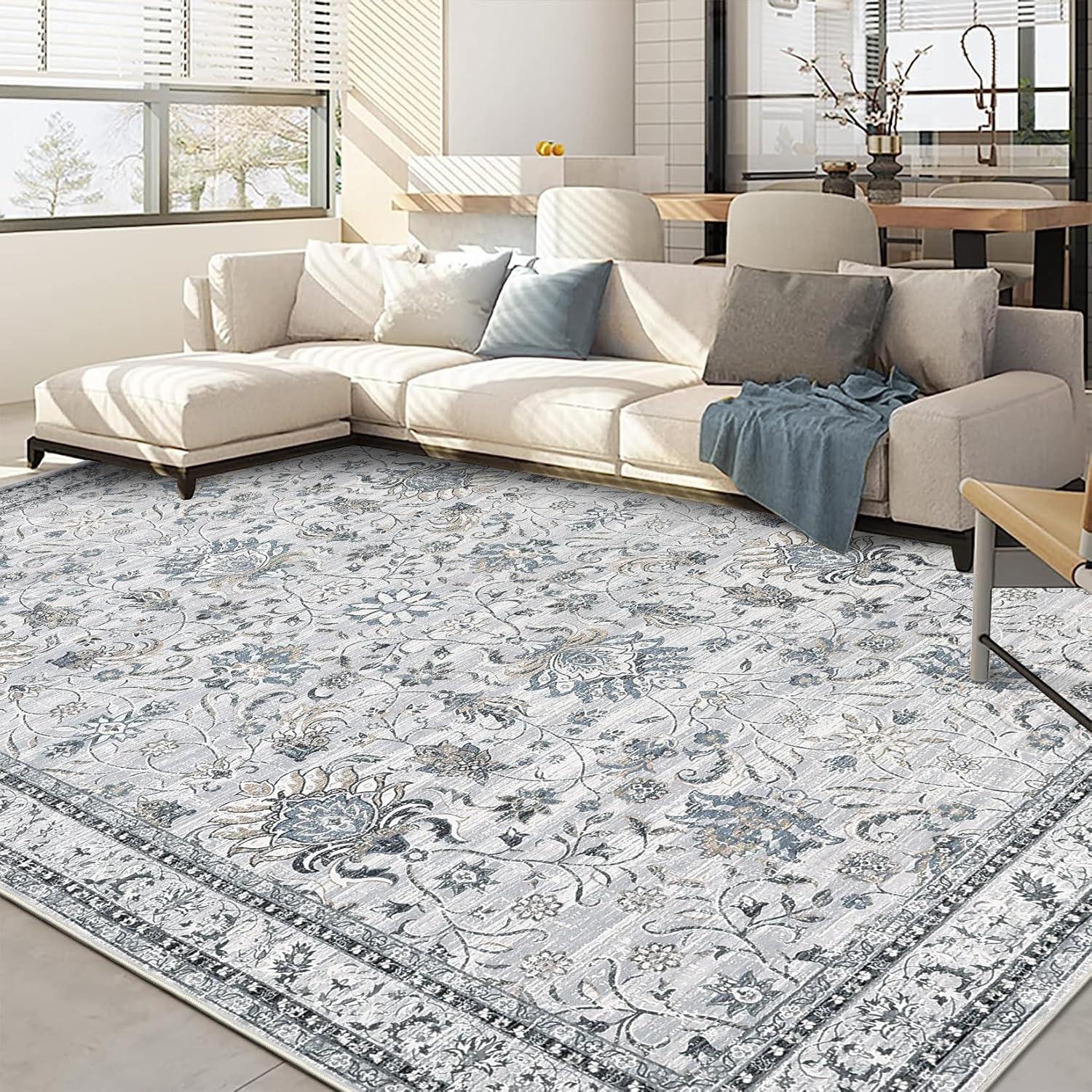 image:imageGarvee 5x7 Living Room Rugs Machine Washable Area Rugs Vintage Bordered Floor Cover Carpet with Non Slip Backing Non Shedding Low Pile Soft Mats for Bedroom Nursery Office GreenFloralgrey