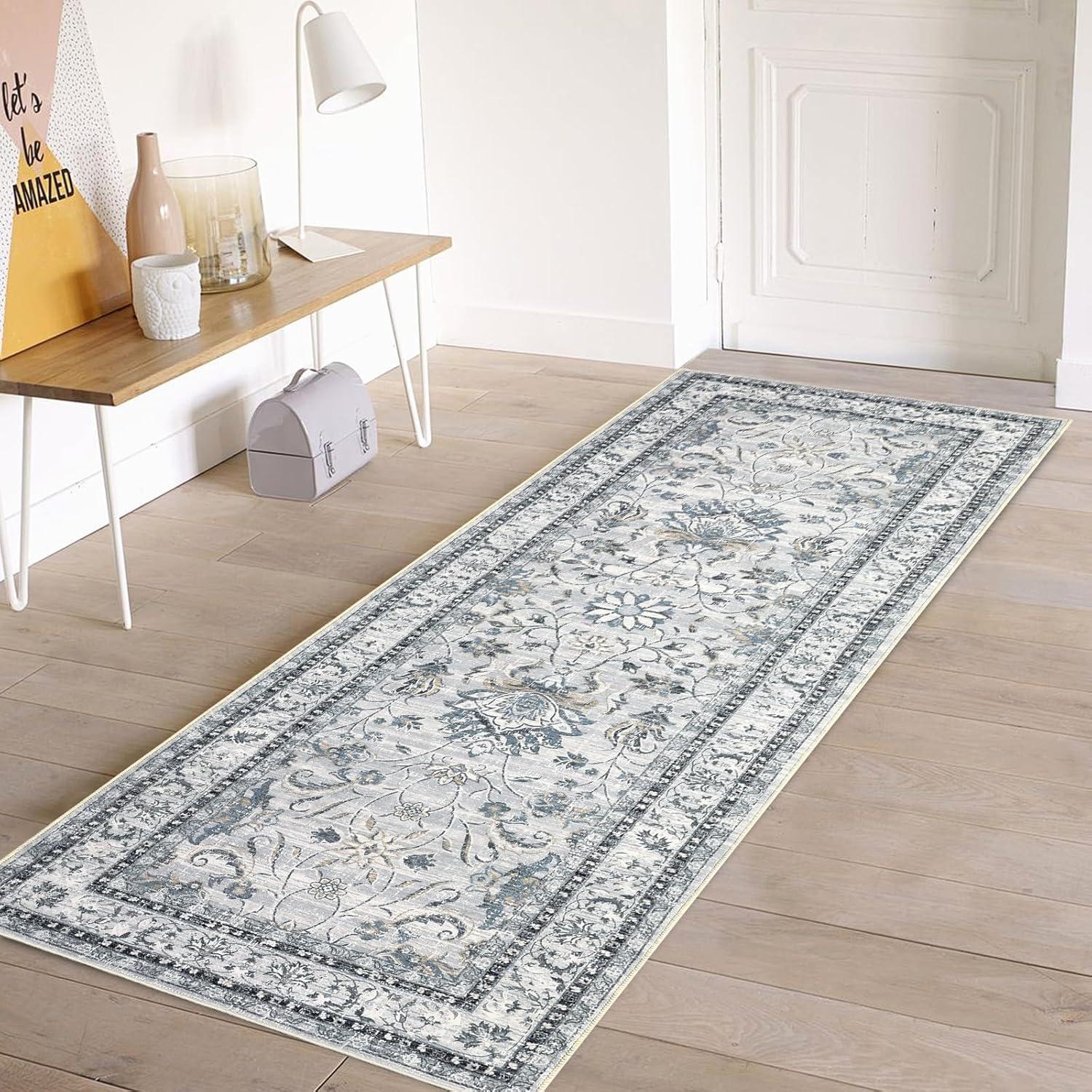 image:imageGarvee 5x7 Living Room Rugs Machine Washable Area Rugs Vintage Bordered Floor Cover Carpet with Non Slip Backing Non Shedding Low Pile Soft Mats for Bedroom Nursery Office GreenFloralgrey