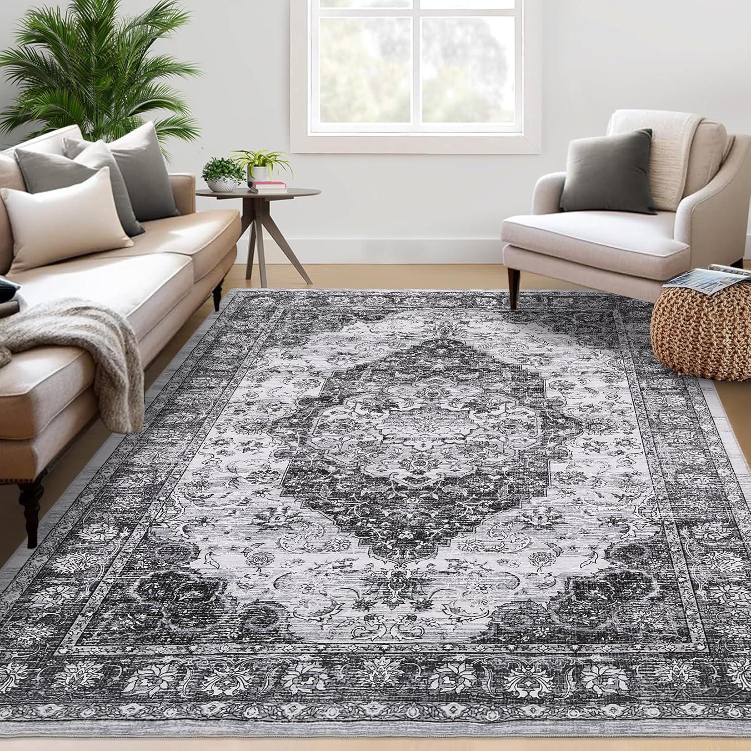 image:imageGarvee 5x7 Living Room Rugs Machine Washable Area Rugs Vintage Bordered Floor Cover Carpet with Non Slip Backing Non Shedding Low Pile Soft Mats for Bedroom Nursery Office GreenFarmhousegrey