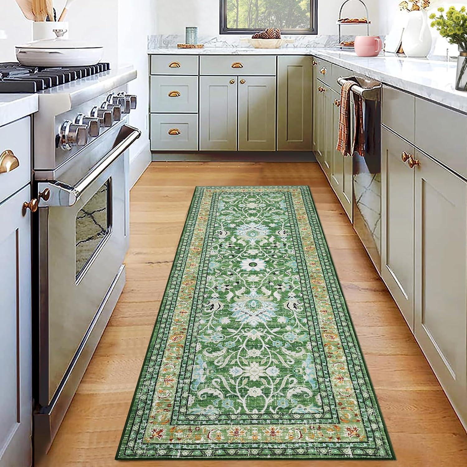 image:imageGarvee 5x7 Living Room Rugs Machine Washable Area Rugs Vintage Bordered Floor Cover Carpet with Non Slip Backing Non Shedding Low Pile Soft Mats for Bedroom Nursery Office GreenFloralgreen