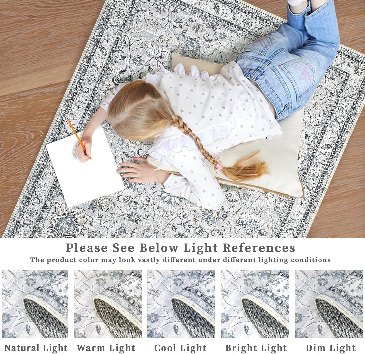 image:imageGarvee 5x7 Living Room Rugs Machine Washable Area Rugs Vintage Bordered Floor Cover Carpet with Non Slip Backing Non Shedding Low Pile Soft Mats for Bedroom Nursery Office GreenFloralgrey