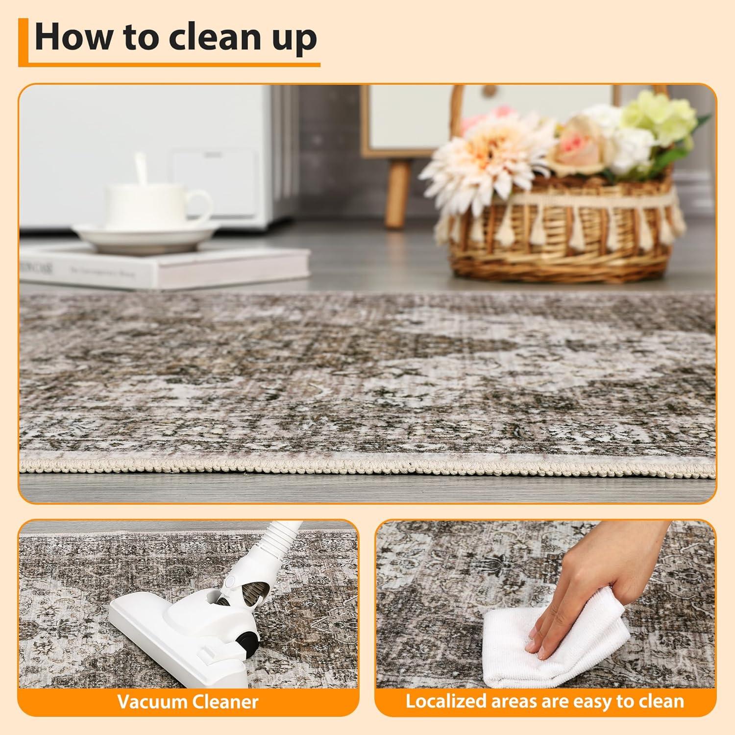image:imageGarvee 5x7 Living Room Rugs Machine Washable Area Rugs Vintage Bordered Floor Cover Carpet with Non Slip Backing Non Shedding Low Pile Soft Mats for Bedroom Nursery Office GreenFarmhousebrown