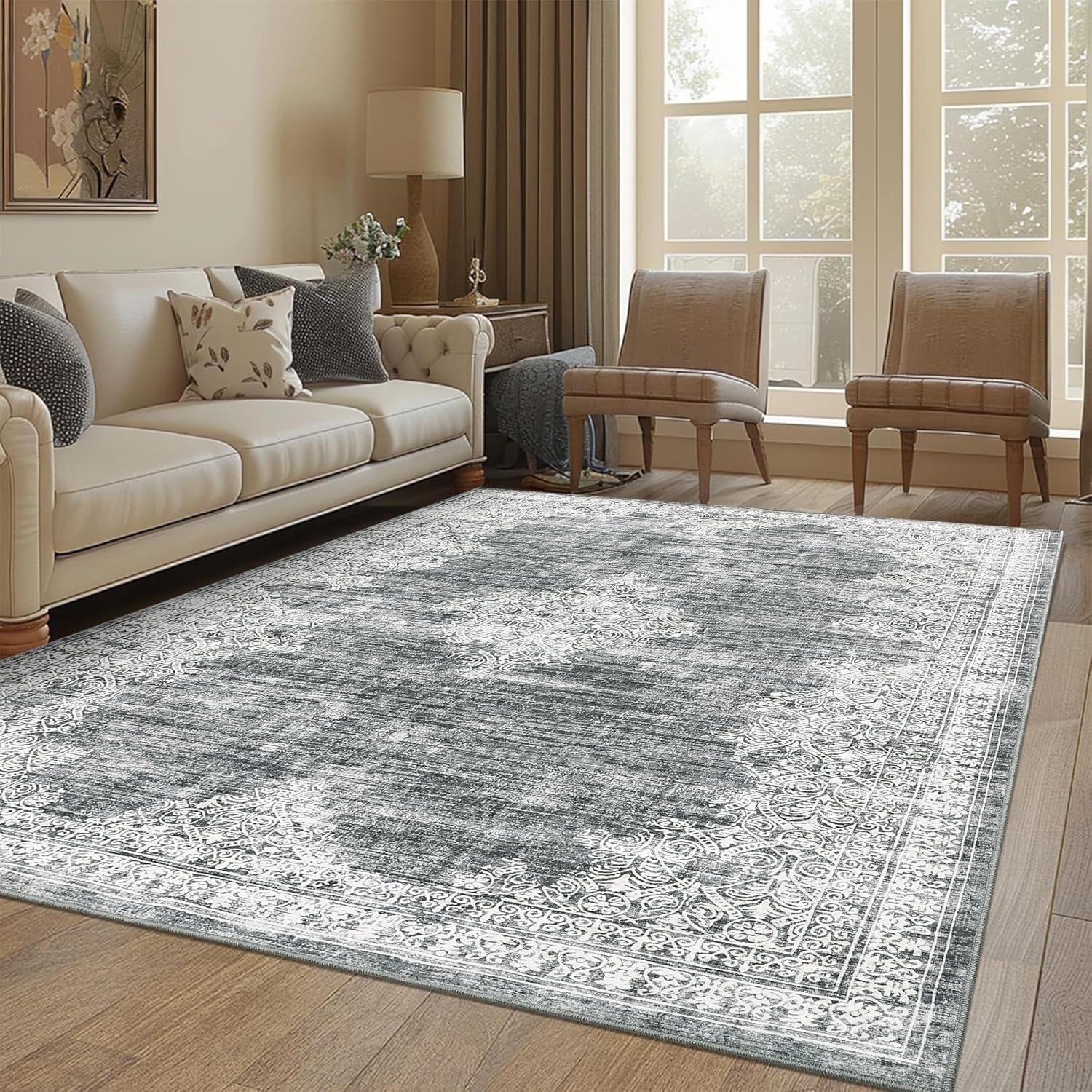 image:imageGarvee 5x7 Living Room Rugs Machine Washable Area Rugs Vintage Bordered Floor Cover Carpet with Non Slip Backing Non Shedding Low Pile Soft Mats for Bedroom Nursery Office GreenBorderedgrey