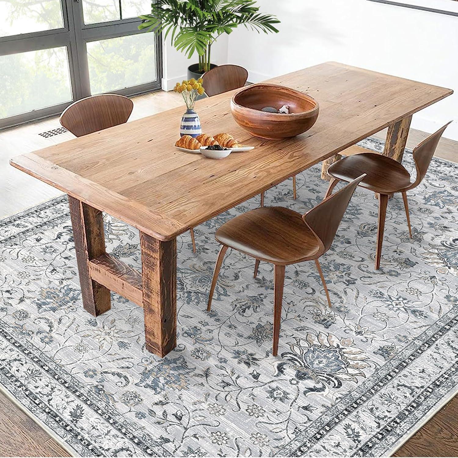image:imageGarvee 5x7 Living Room Rugs Machine Washable Area Rugs Vintage Bordered Floor Cover Carpet with Non Slip Backing Non Shedding Low Pile Soft Mats for Bedroom Nursery Office GreenFloralgrey