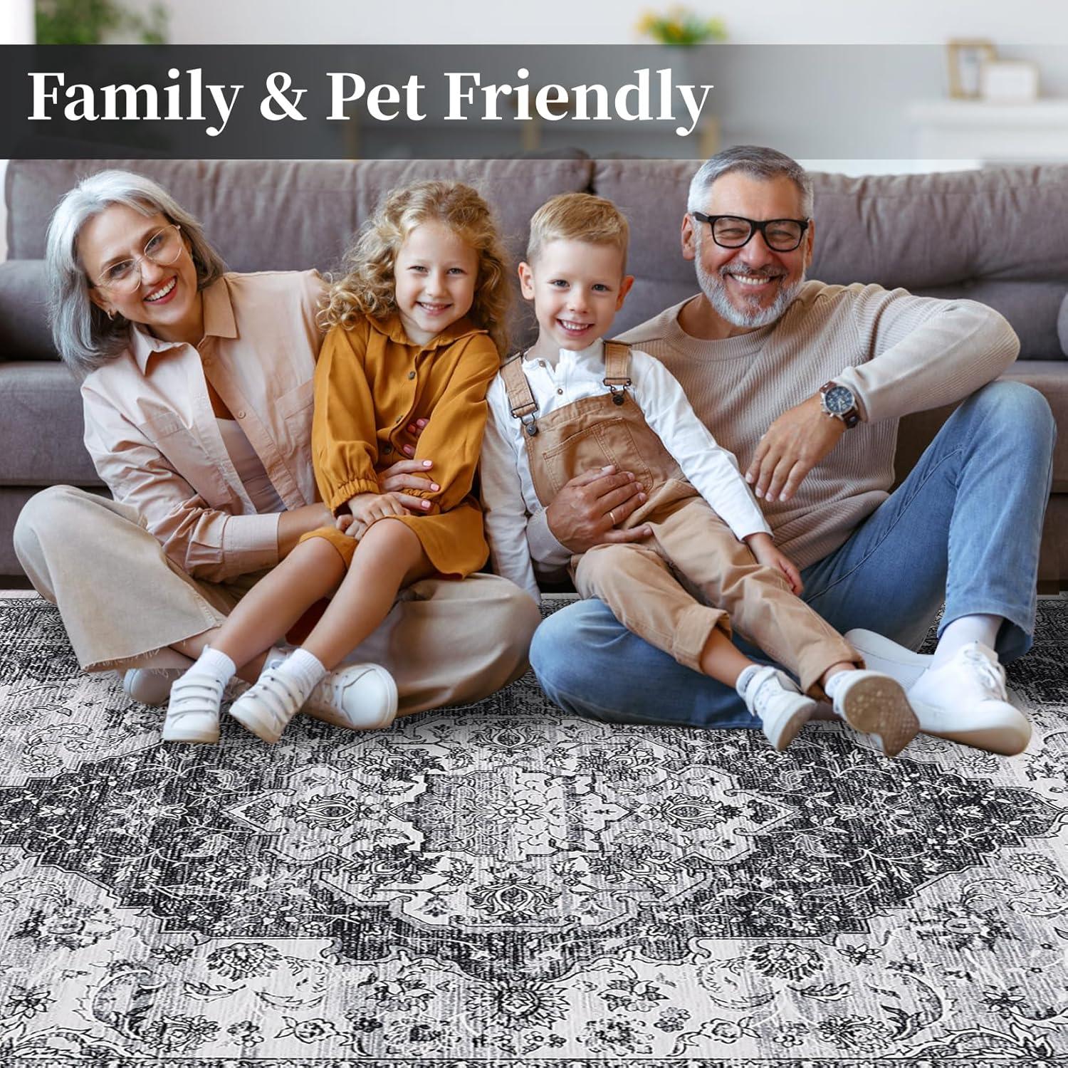 image:imageGarvee 5x7 Living Room Rugs Machine Washable Area Rugs Vintage Bordered Floor Cover Carpet with Non Slip Backing Non Shedding Low Pile Soft Mats for Bedroom Nursery Office GreenFarmhousegrey