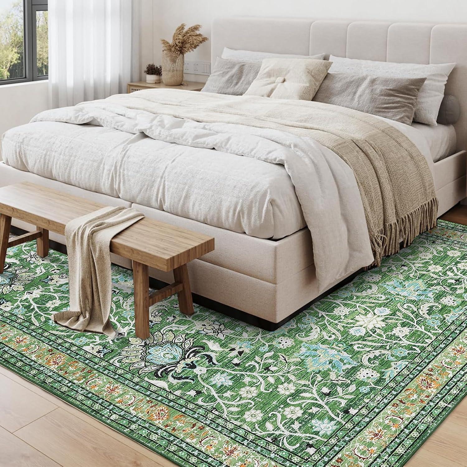 image:imageGarvee 5x7 Living Room Rugs Machine Washable Area Rugs Vintage Bordered Floor Cover Carpet with Non Slip Backing Non Shedding Low Pile Soft Mats for Bedroom Nursery Office GreenFloralgreen