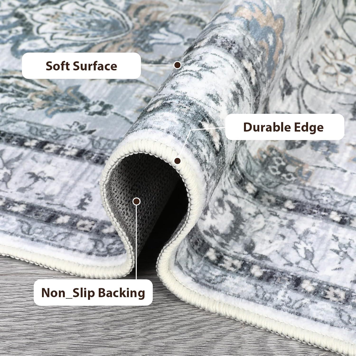 image:imageGarvee 5x7 Living Room Rugs Machine Washable Area Rugs Vintage Bordered Floor Cover Carpet with Non Slip Backing Non Shedding Low Pile Soft Mats for Bedroom Nursery Office GreenFloralgrey