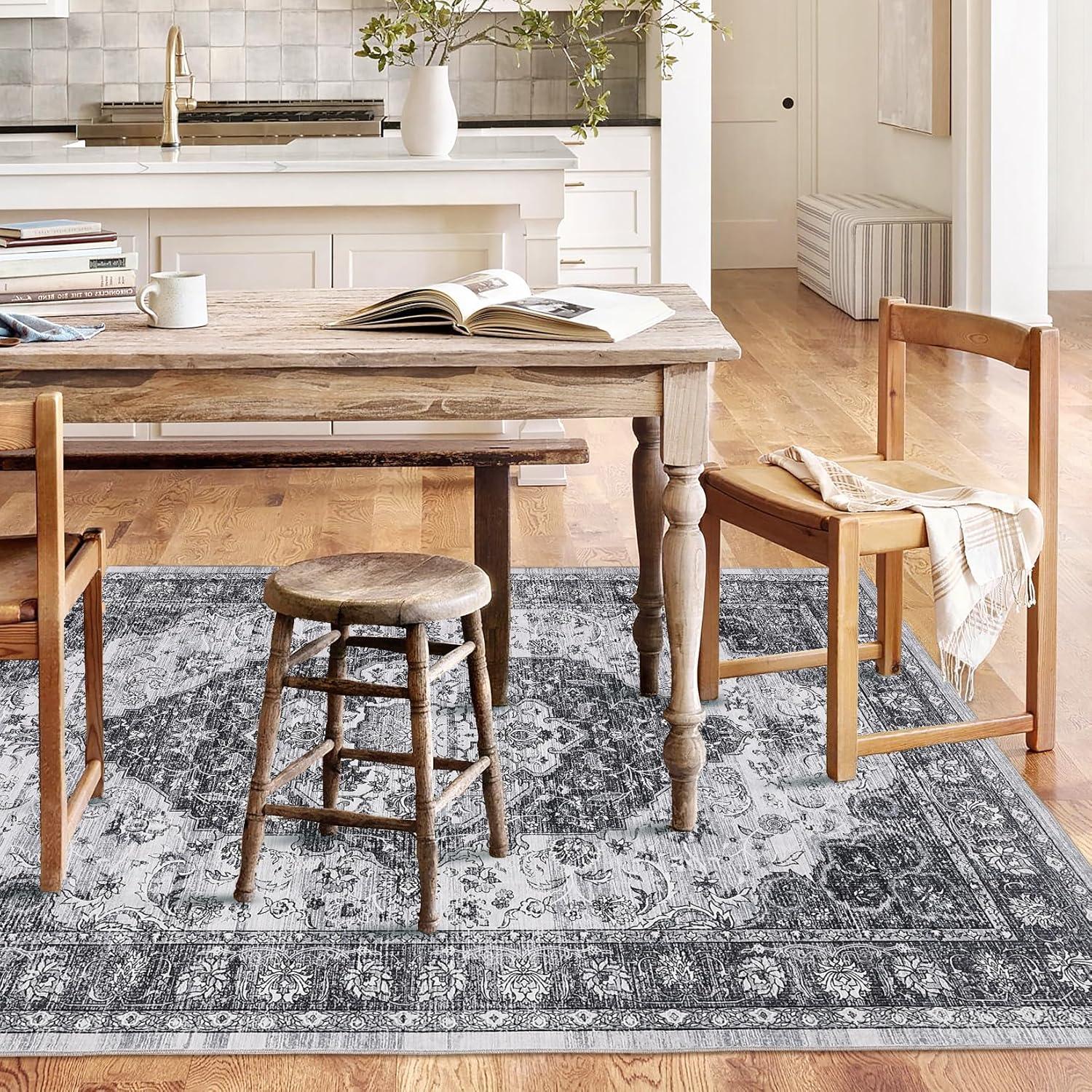 image:imageGarvee 5x7 Living Room Rugs Machine Washable Area Rugs Vintage Bordered Floor Cover Carpet with Non Slip Backing Non Shedding Low Pile Soft Mats for Bedroom Nursery Office GreenFarmhousegrey