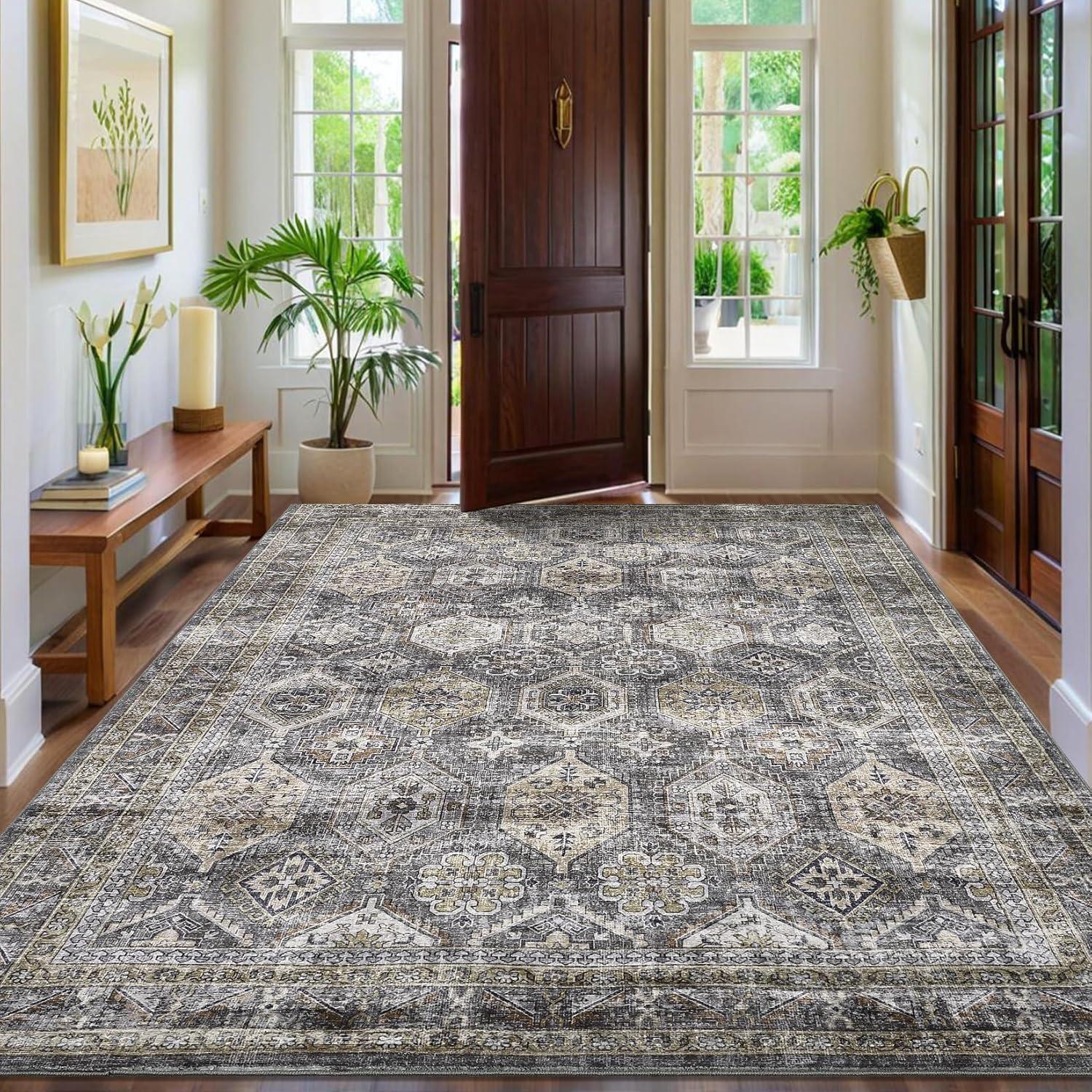 image:imageGarvee 5x7 Living Room Rugs Machine Washable Area Rugs Vintage Bordered Floor Cover Carpet with Non Slip Backing Non Shedding Low Pile Soft Mats for Bedroom Nursery Office GreenDistressedblueGrey