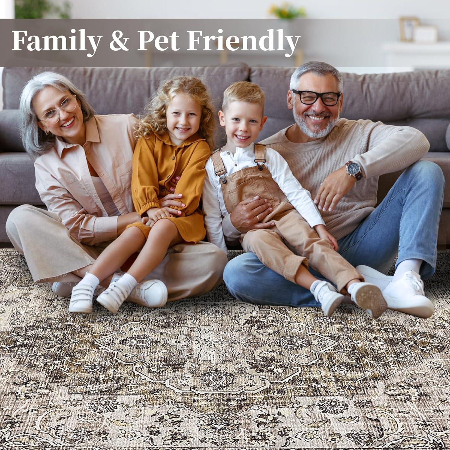 image:imageGarvee 5x7 Living Room Rugs Machine Washable Area Rugs Vintage Bordered Floor Cover Carpet with Non Slip Backing Non Shedding Low Pile Soft Mats for Bedroom Nursery Office GreenFarmhousebrown