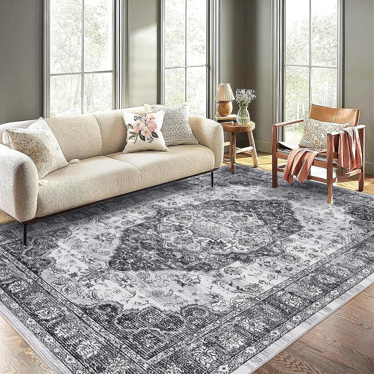 image:imageGarvee 5x7 Living Room Rugs Machine Washable Area Rugs Vintage Bordered Floor Cover Carpet with Non Slip Backing Non Shedding Low Pile Soft Mats for Bedroom Nursery Office GreenFarmhousegrey