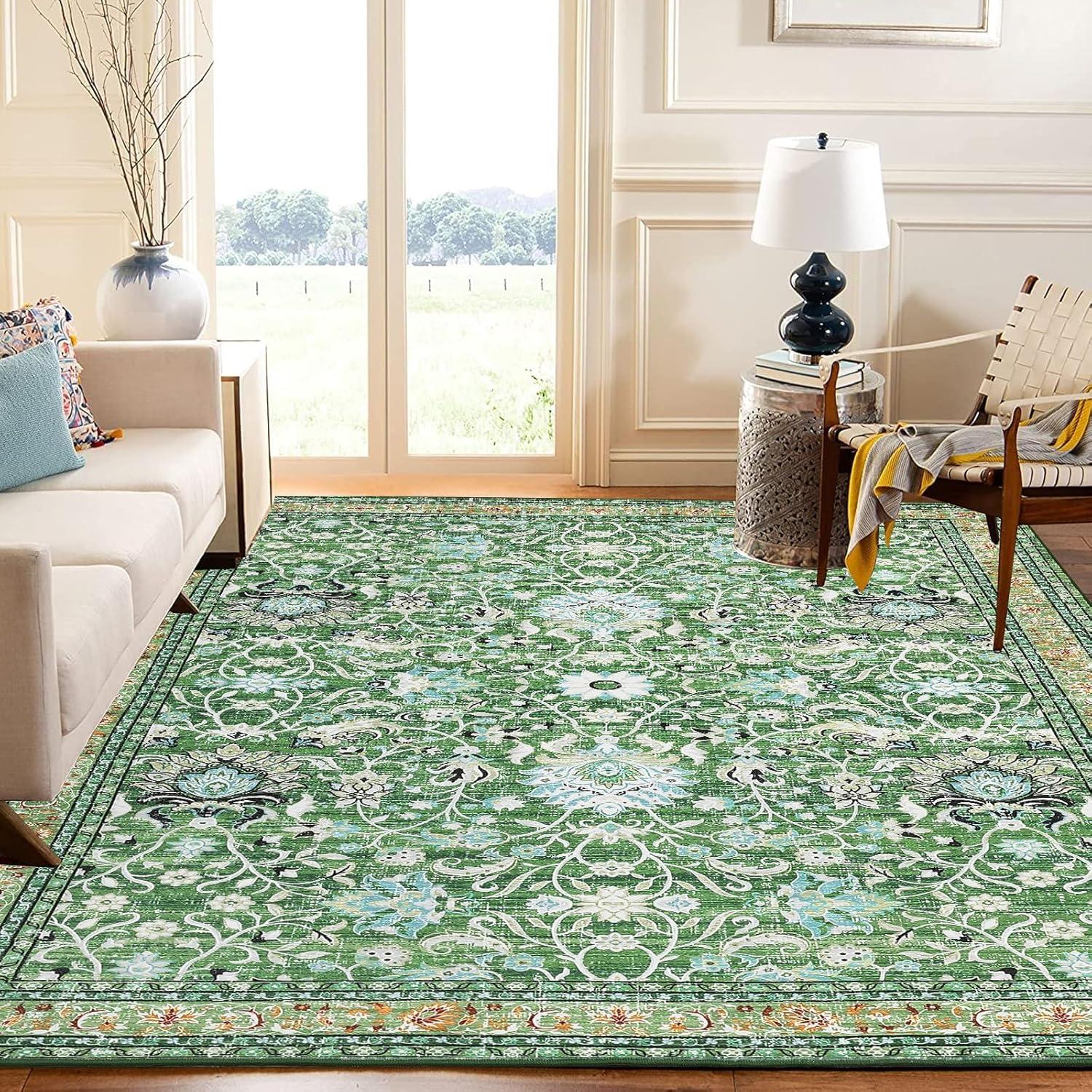 image:imageGarvee 5x7 Living Room Rugs Machine Washable Area Rugs Vintage Bordered Floor Cover Carpet with Non Slip Backing Non Shedding Low Pile Soft Mats for Bedroom Nursery Office GreenFloralgreen