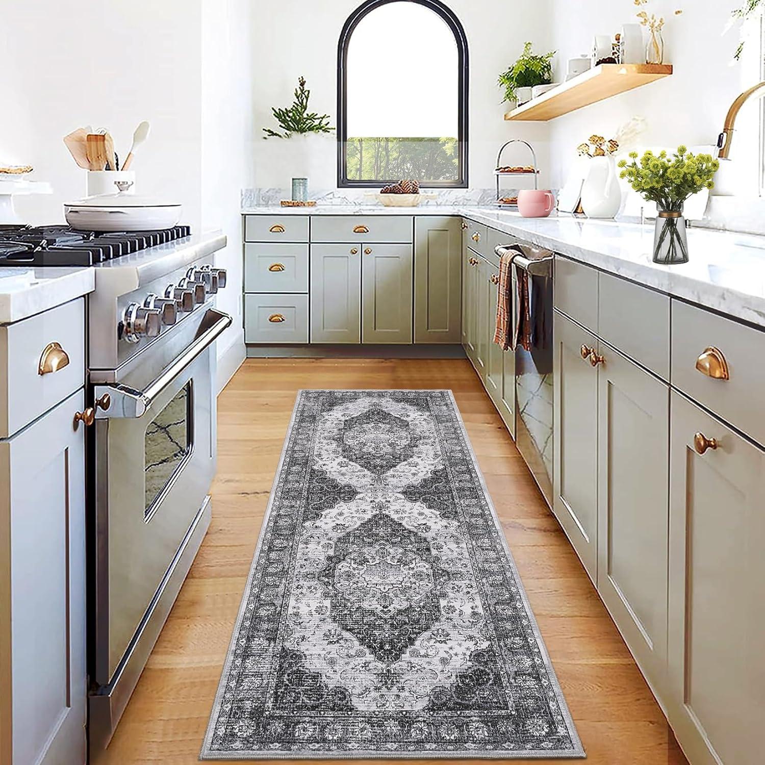 image:imageGarvee 5x7 Living Room Rugs Machine Washable Area Rugs Vintage Bordered Floor Cover Carpet with Non Slip Backing Non Shedding Low Pile Soft Mats for Bedroom Nursery Office GreenFarmhousegrey