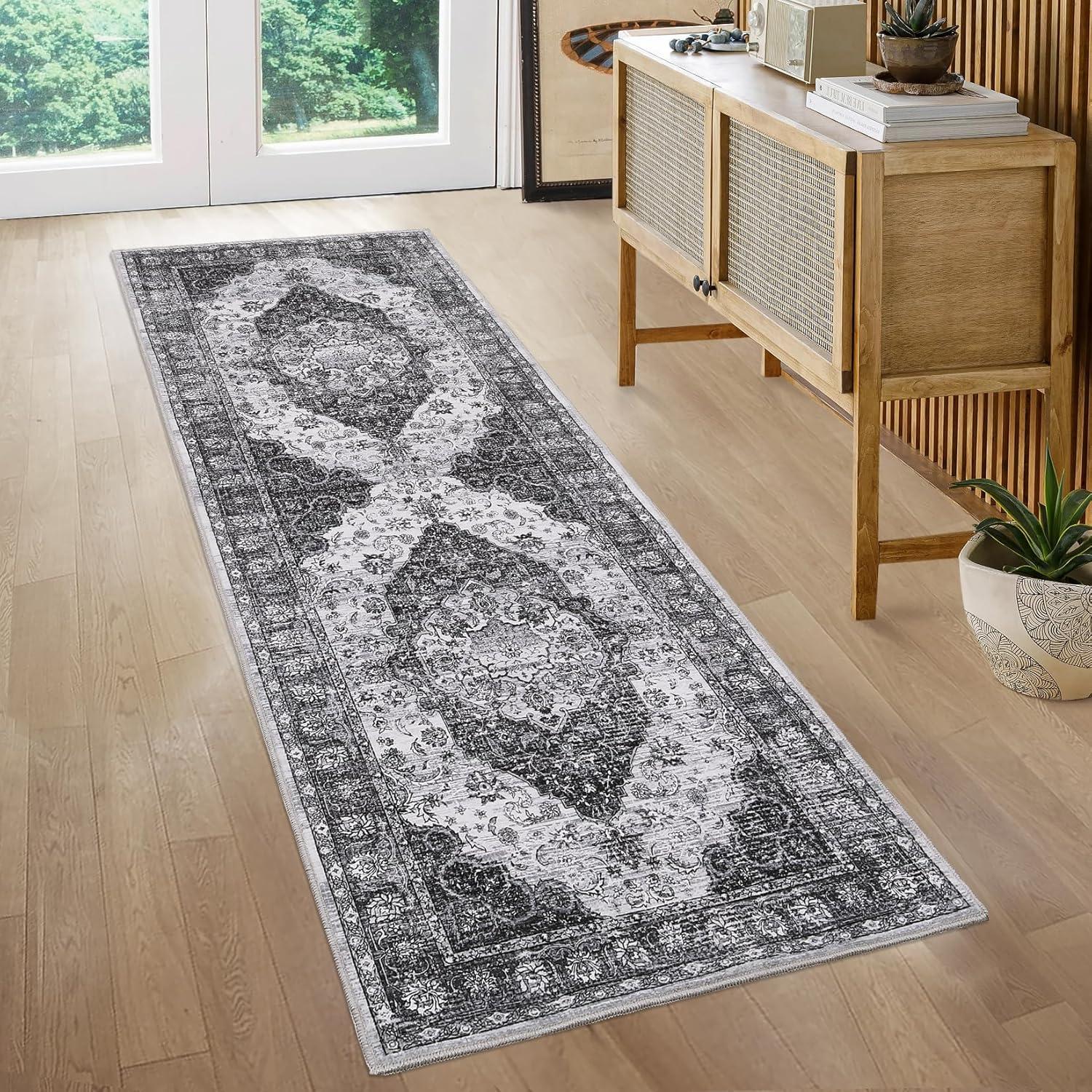 image:imageGarvee 5x7 Living Room Rugs Machine Washable Area Rugs Vintage Bordered Floor Cover Carpet with Non Slip Backing Non Shedding Low Pile Soft Mats for Bedroom Nursery Office GreenFarmhousegrey
