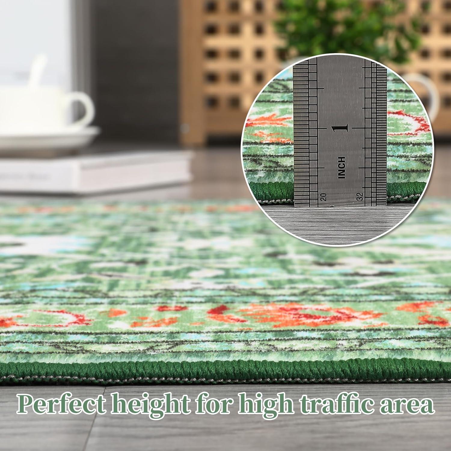 image:imageGarvee 5x7 Living Room Rugs Machine Washable Area Rugs Vintage Bordered Floor Cover Carpet with Non Slip Backing Non Shedding Low Pile Soft Mats for Bedroom Nursery Office GreenFloralgreen