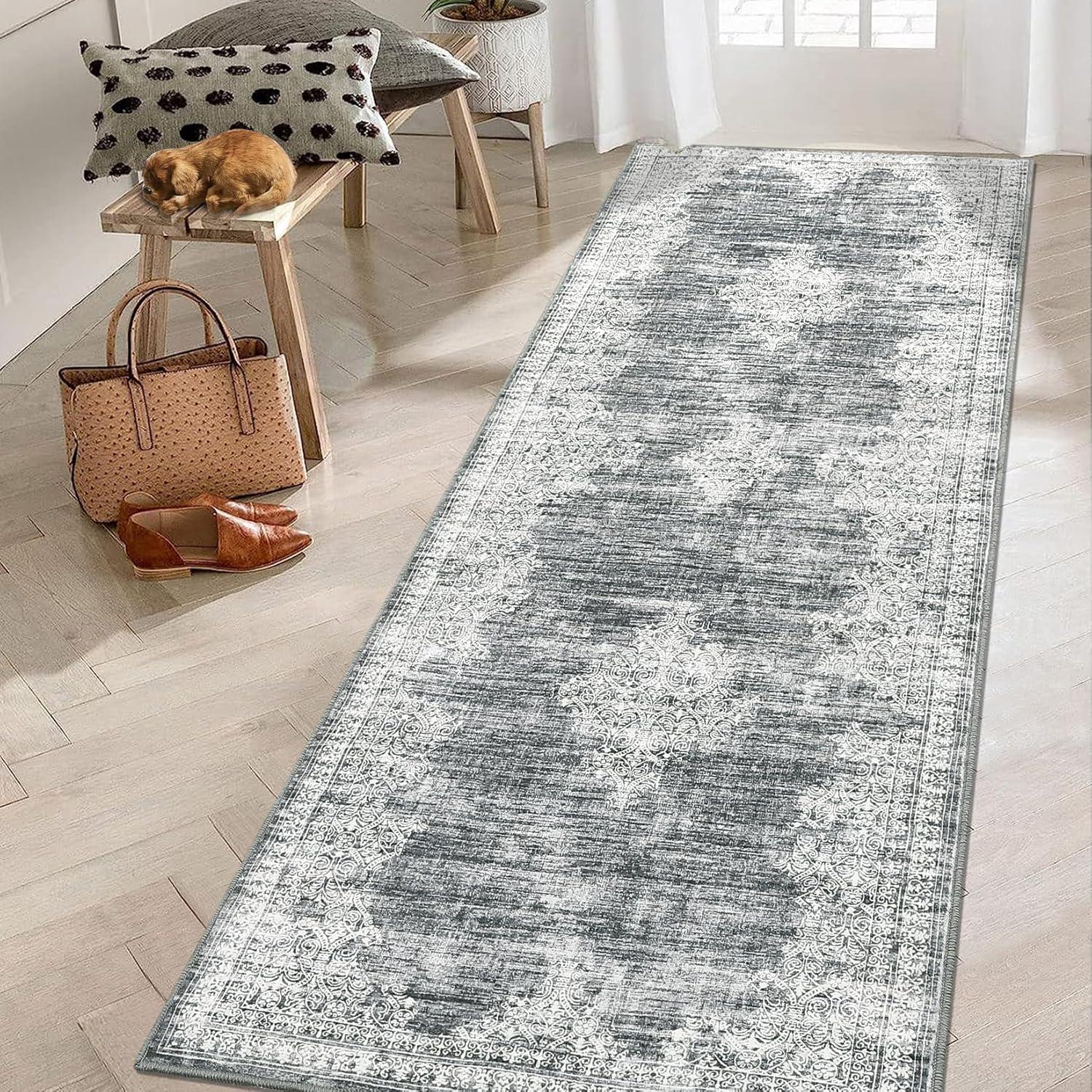 image:imageGarvee 5x7 Living Room Rugs Machine Washable Area Rugs Vintage Bordered Floor Cover Carpet with Non Slip Backing Non Shedding Low Pile Soft Mats for Bedroom Nursery Office GreenBorderedgrey