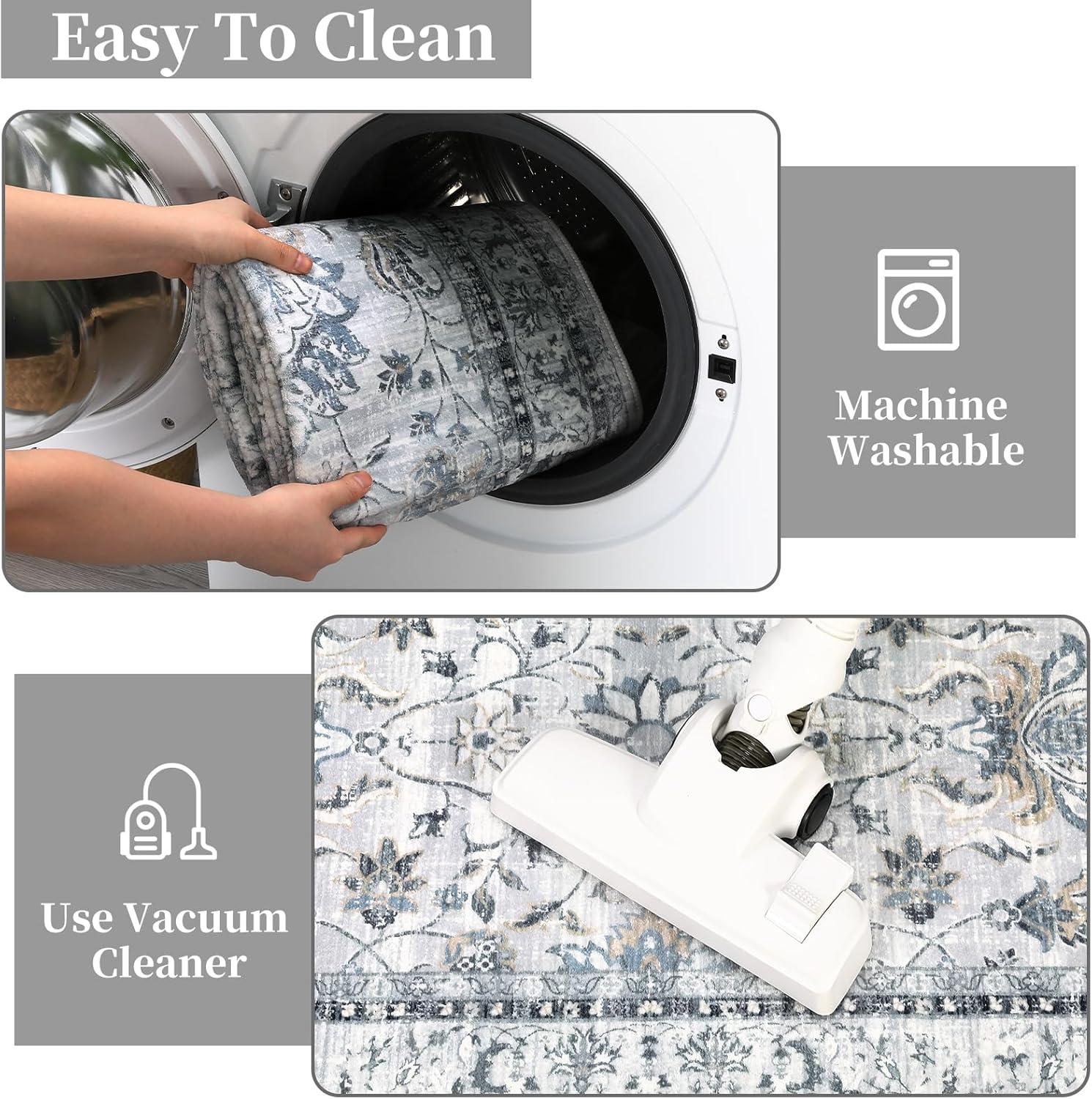 image:imageGarvee 5x7 Living Room Rugs Machine Washable Area Rugs Vintage Bordered Floor Cover Carpet with Non Slip Backing Non Shedding Low Pile Soft Mats for Bedroom Nursery Office GreenFloralgrey