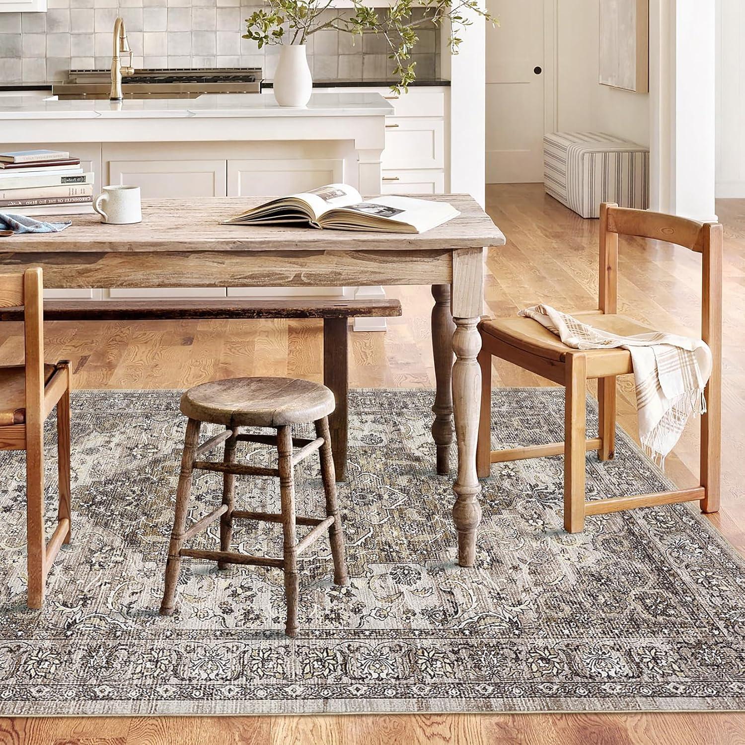 image:imageGarvee 5x7 Living Room Rugs Machine Washable Area Rugs Vintage Bordered Floor Cover Carpet with Non Slip Backing Non Shedding Low Pile Soft Mats for Bedroom Nursery Office GreenFarmhousebrown