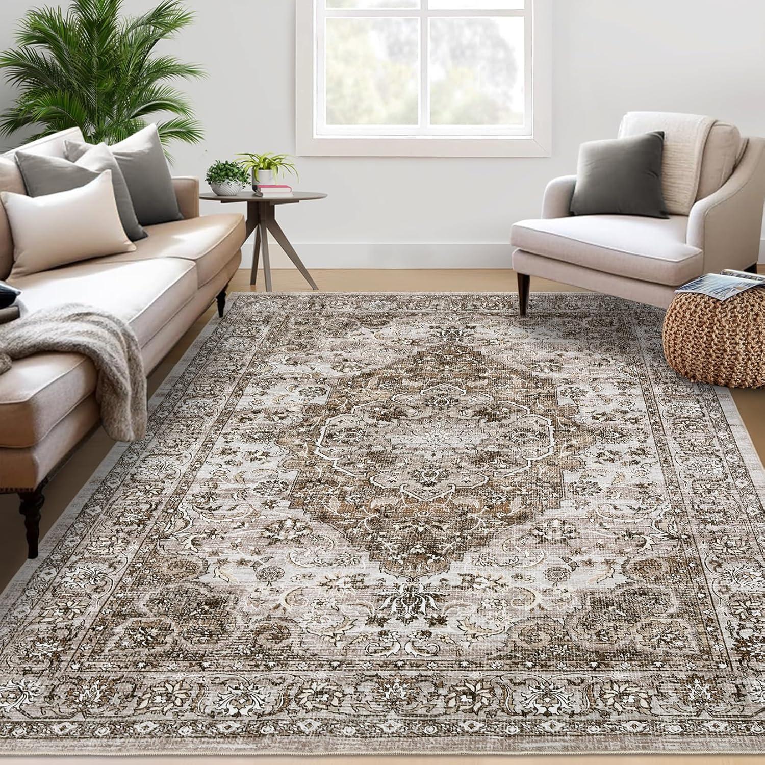 image:imageGarvee 5x7 Living Room Rugs Machine Washable Area Rugs Vintage Bordered Floor Cover Carpet with Non Slip Backing Non Shedding Low Pile Soft Mats for Bedroom Nursery Office GreenFarmhousebrown