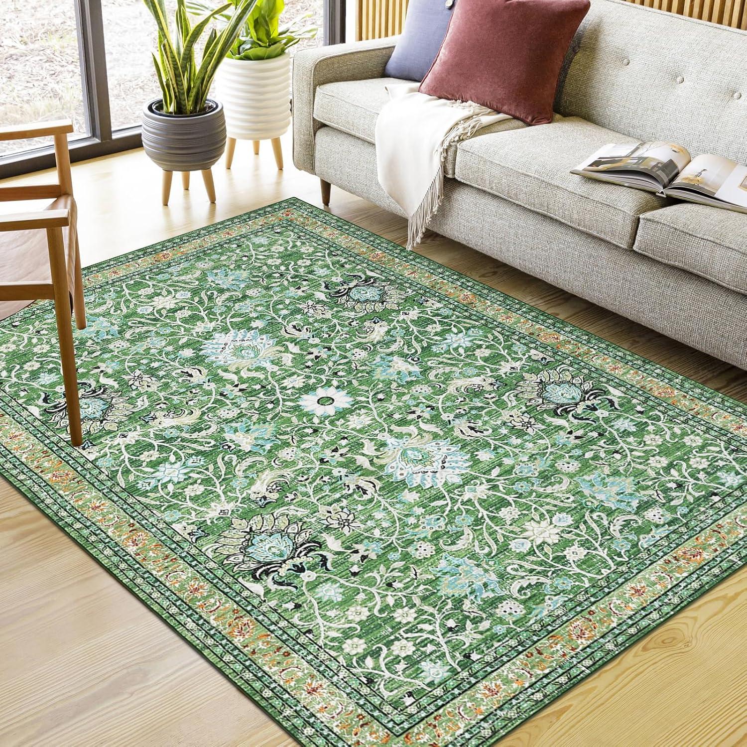 image:imageGarvee 5x7 Living Room Rugs Machine Washable Area Rugs Vintage Bordered Floor Cover Carpet with Non Slip Backing Non Shedding Low Pile Soft Mats for Bedroom Nursery Office GreenFloralgreen