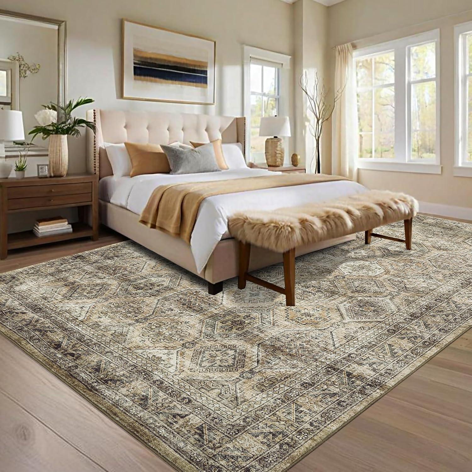image:imageGarvee 5x7 Living Room Rugs Machine Washable Area Rugs Vintage Bordered Floor Cover Carpet with Non Slip Backing Non Shedding Low Pile Soft Mats for Bedroom Nursery Office GreenDistressedtaupe