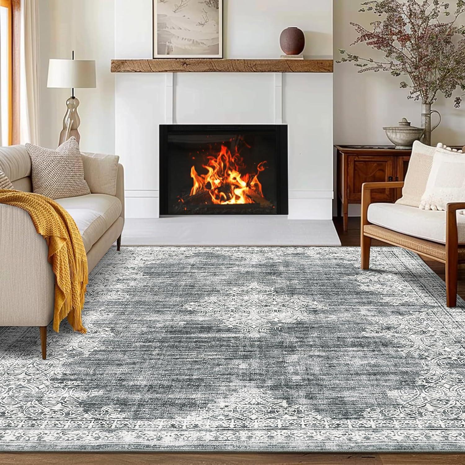 image:imageGarvee 5x7 Living Room Rugs Machine Washable Area Rugs Vintage Bordered Floor Cover Carpet with Non Slip Backing Non Shedding Low Pile Soft Mats for Bedroom Nursery Office GreenBorderedgrey