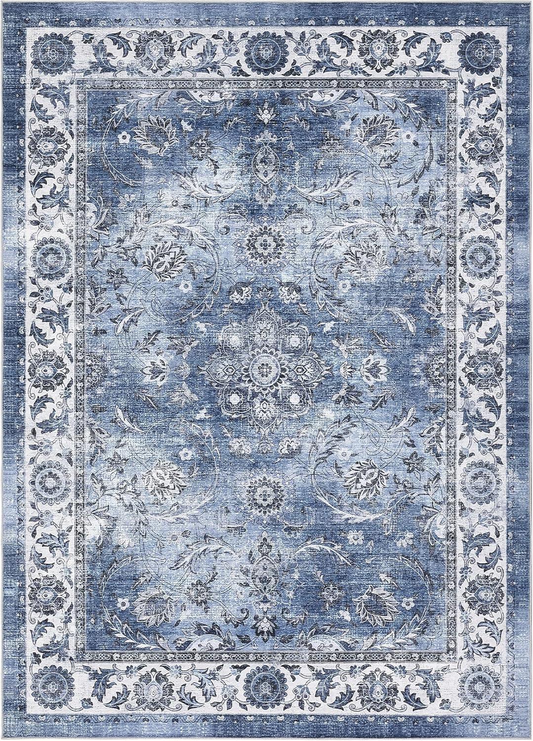 image:imageGarvee 8x10 ft Distressed Vintage Floral Print Area RugNonSlip Indoor Washable Rug Stain Resistant Retro Accent Low Pile Carpet for Living RoomBedroomKitchenDining RoomKids RoomNurseryBlueBlue