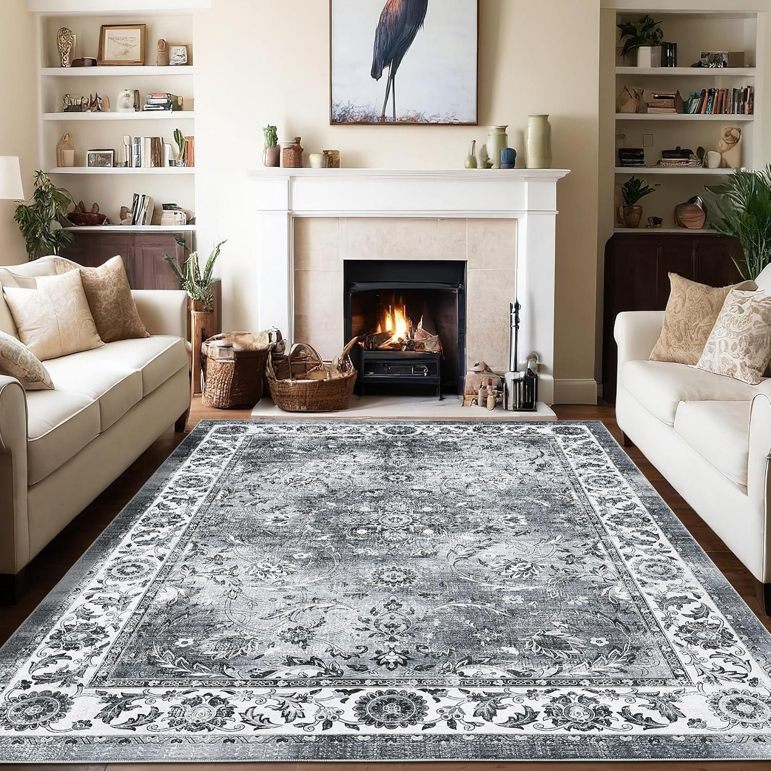 image:imageGarvee 8x10 ft Distressed Vintage Floral Print Area RugNonSlip Indoor Washable Rug Stain Resistant Retro Accent Low Pile Carpet for Living RoomBedroomKitchenDining RoomKids RoomNurseryBlueGrey