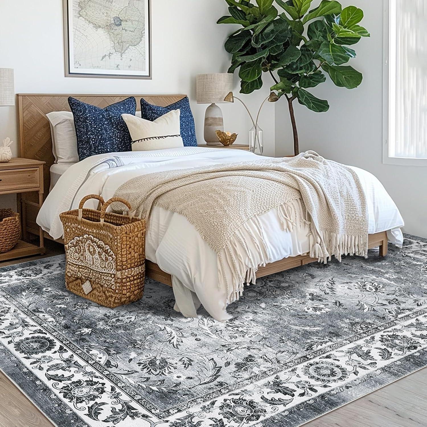 image:imageGarvee 8x10 ft Distressed Vintage Floral Print Area RugNonSlip Indoor Washable Rug Stain Resistant Retro Accent Low Pile Carpet for Living RoomBedroomKitchenDining RoomKids RoomNurseryBlueGrey