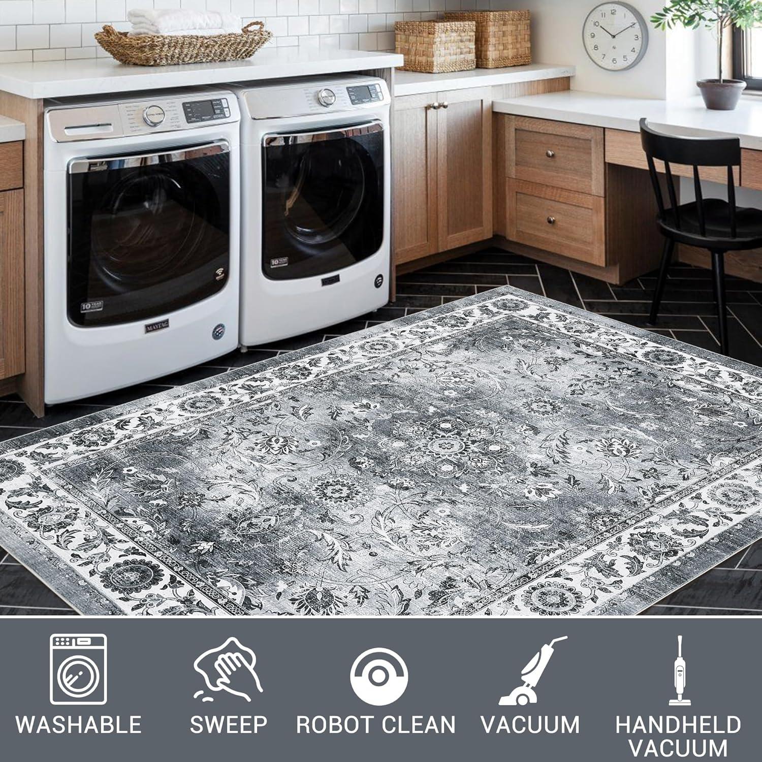 image:imageGarvee 8x10 ft Distressed Vintage Floral Print Area RugNonSlip Indoor Washable Rug Stain Resistant Retro Accent Low Pile Carpet for Living RoomBedroomKitchenDining RoomKids RoomNurseryBlueGrey