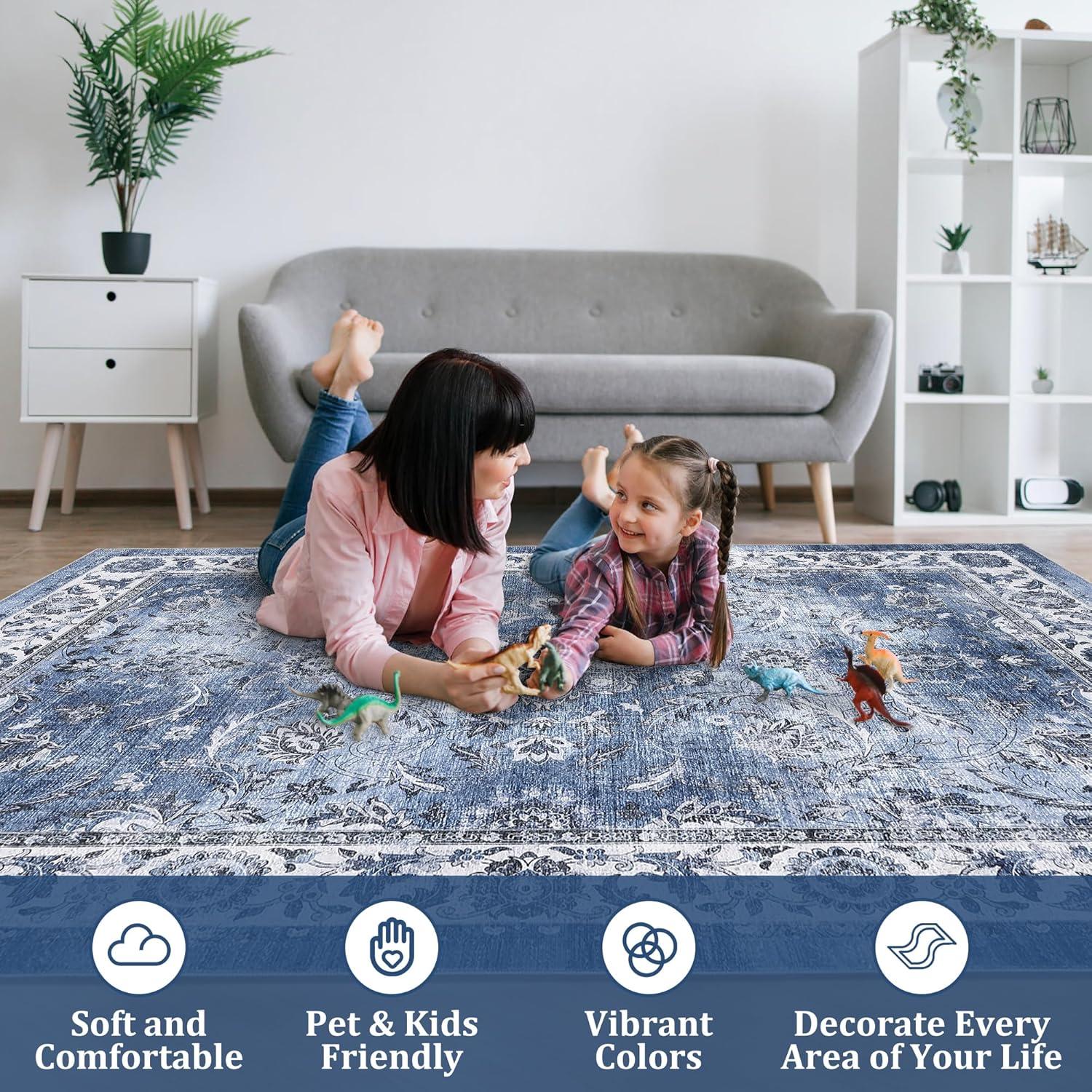 image:imageGarvee 8x10 ft Distressed Vintage Floral Print Area RugNonSlip Indoor Washable Rug Stain Resistant Retro Accent Low Pile Carpet for Living RoomBedroomKitchenDining RoomKids RoomNurseryBlueBlue
