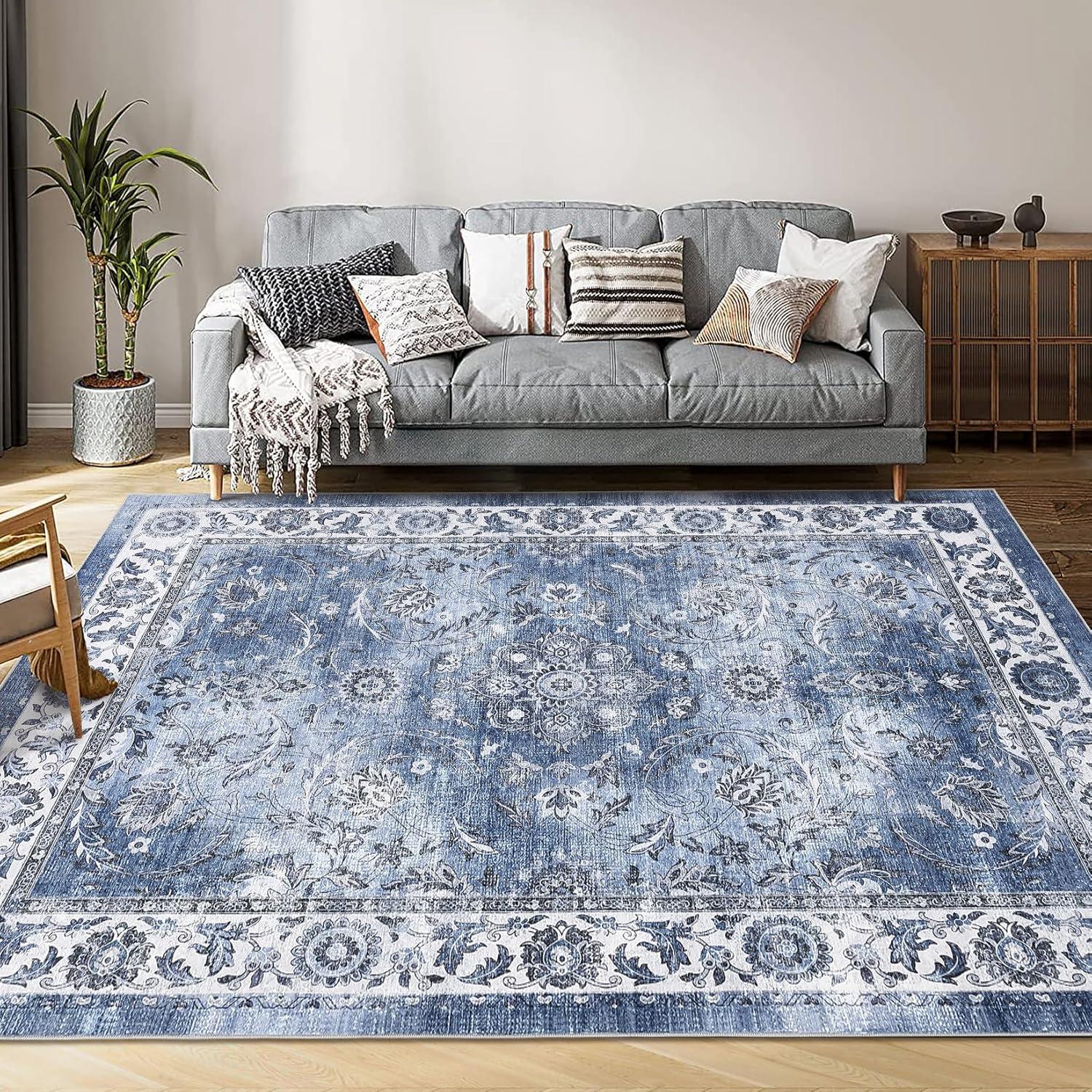image:imageGarvee 8x10 ft Distressed Vintage Floral Print Area RugNonSlip Indoor Washable Rug Stain Resistant Retro Accent Low Pile Carpet for Living RoomBedroomKitchenDining RoomKids RoomNurseryBlueBlue