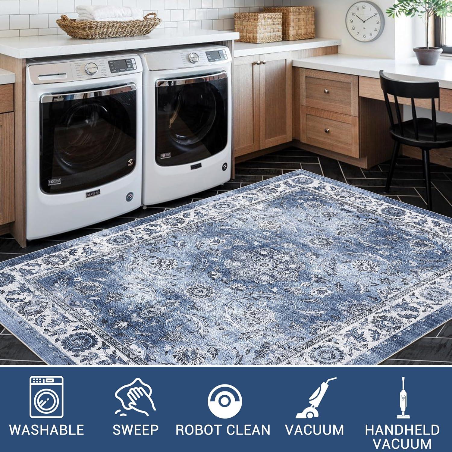 image:imageGarvee 8x10 ft Distressed Vintage Floral Print Area RugNonSlip Indoor Washable Rug Stain Resistant Retro Accent Low Pile Carpet for Living RoomBedroomKitchenDining RoomKids RoomNurseryBlueBlue