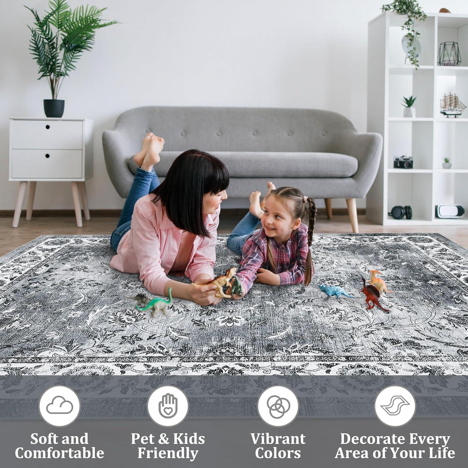 image:imageGarvee 8x10 ft Distressed Vintage Floral Print Area RugNonSlip Indoor Washable Rug Stain Resistant Retro Accent Low Pile Carpet for Living RoomBedroomKitchenDining RoomKids RoomNurseryBlueGrey