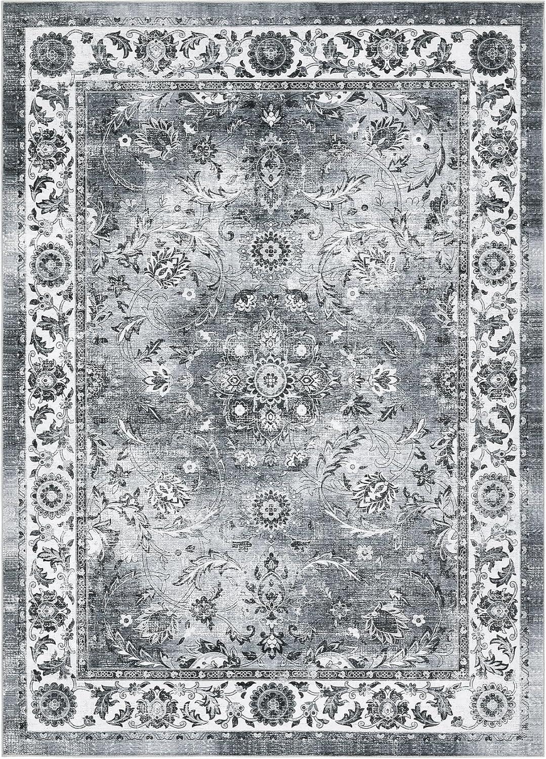 image:imageGarvee 8x10 ft Distressed Vintage Floral Print Area RugNonSlip Indoor Washable Rug Stain Resistant Retro Accent Low Pile Carpet for Living RoomBedroomKitchenDining RoomKids RoomNurseryBlueGrey