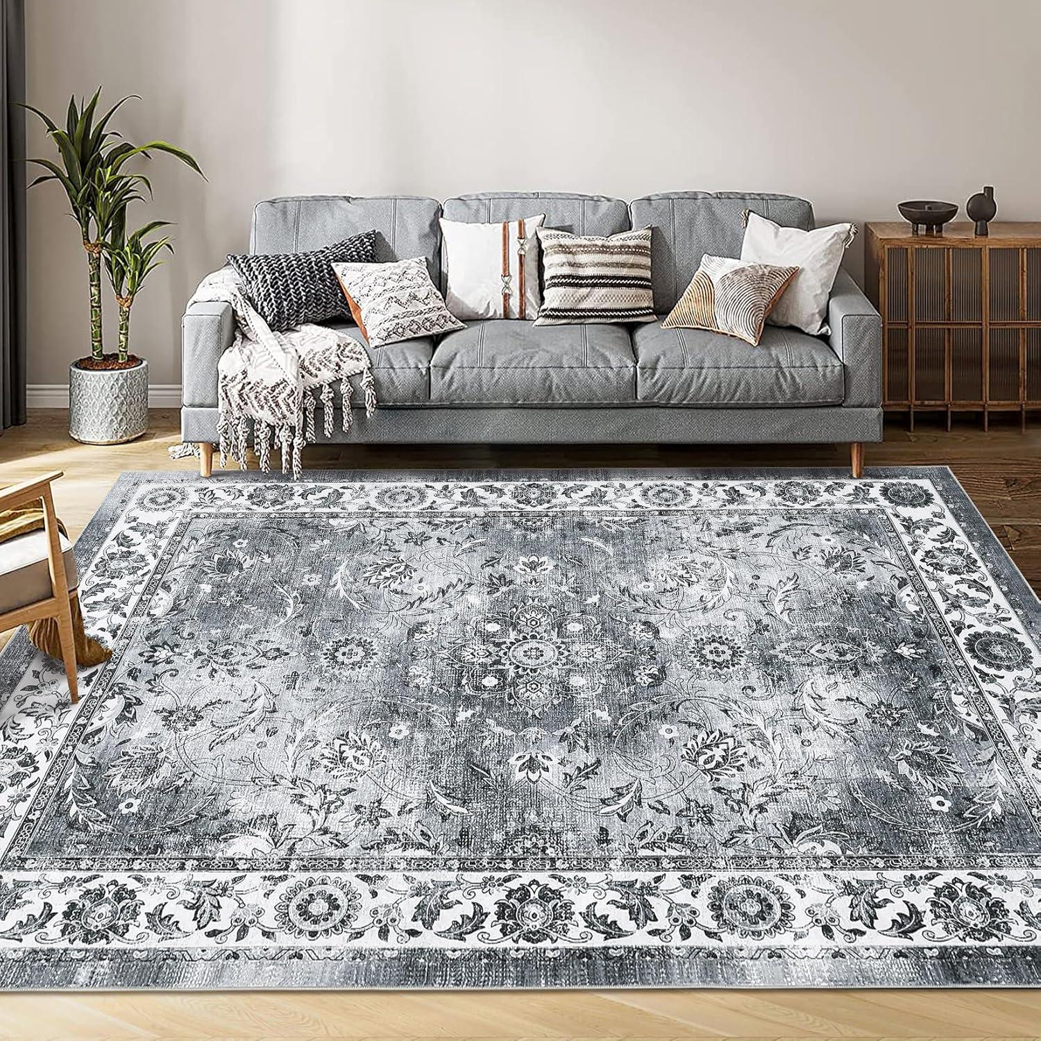image:imageGarvee 8x10 ft Distressed Vintage Floral Print Area RugNonSlip Indoor Washable Rug Stain Resistant Retro Accent Low Pile Carpet for Living RoomBedroomKitchenDining RoomKids RoomNurseryBlueGrey