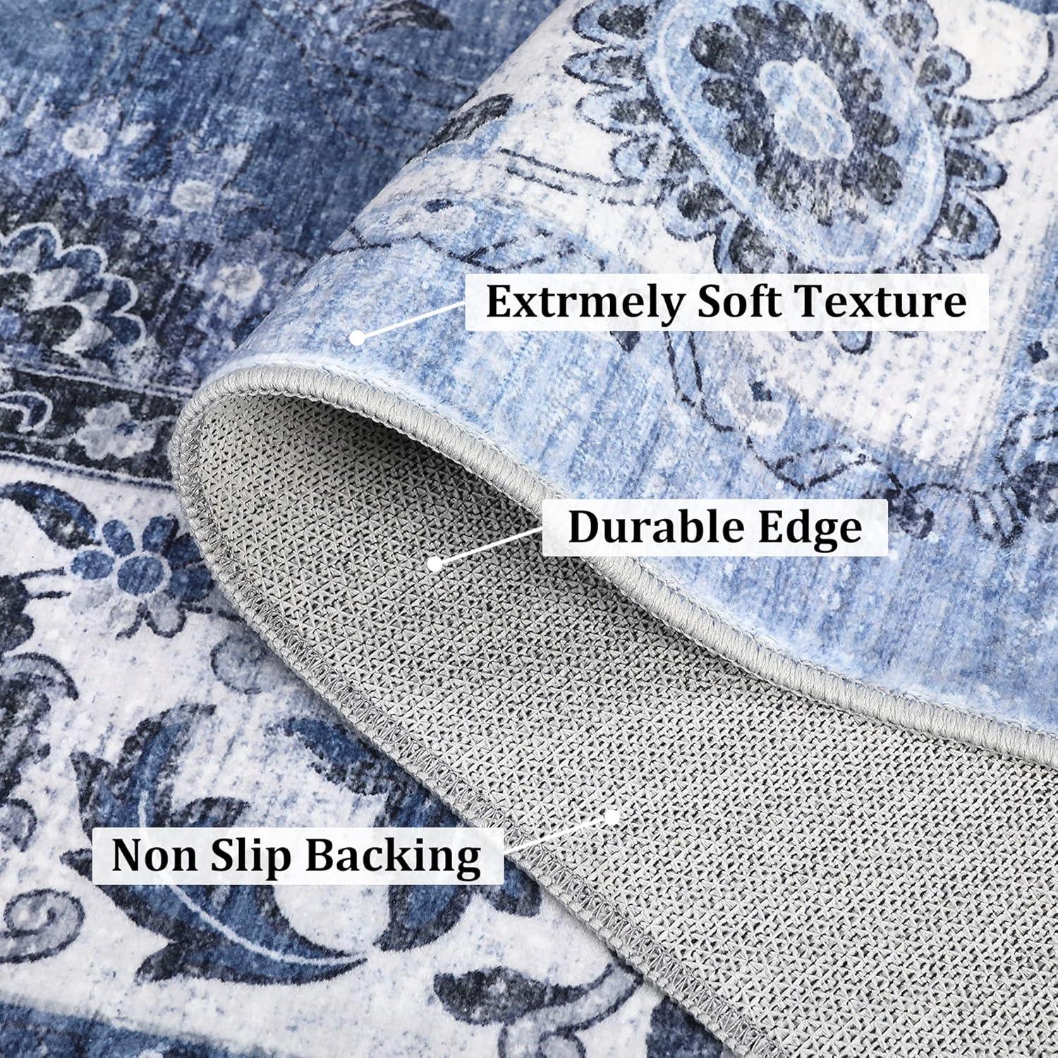 image:imageGarvee 8x10 ft Distressed Vintage Floral Print Area RugNonSlip Indoor Washable Rug Stain Resistant Retro Accent Low Pile Carpet for Living RoomBedroomKitchenDining RoomKids RoomNurseryBlueBlue