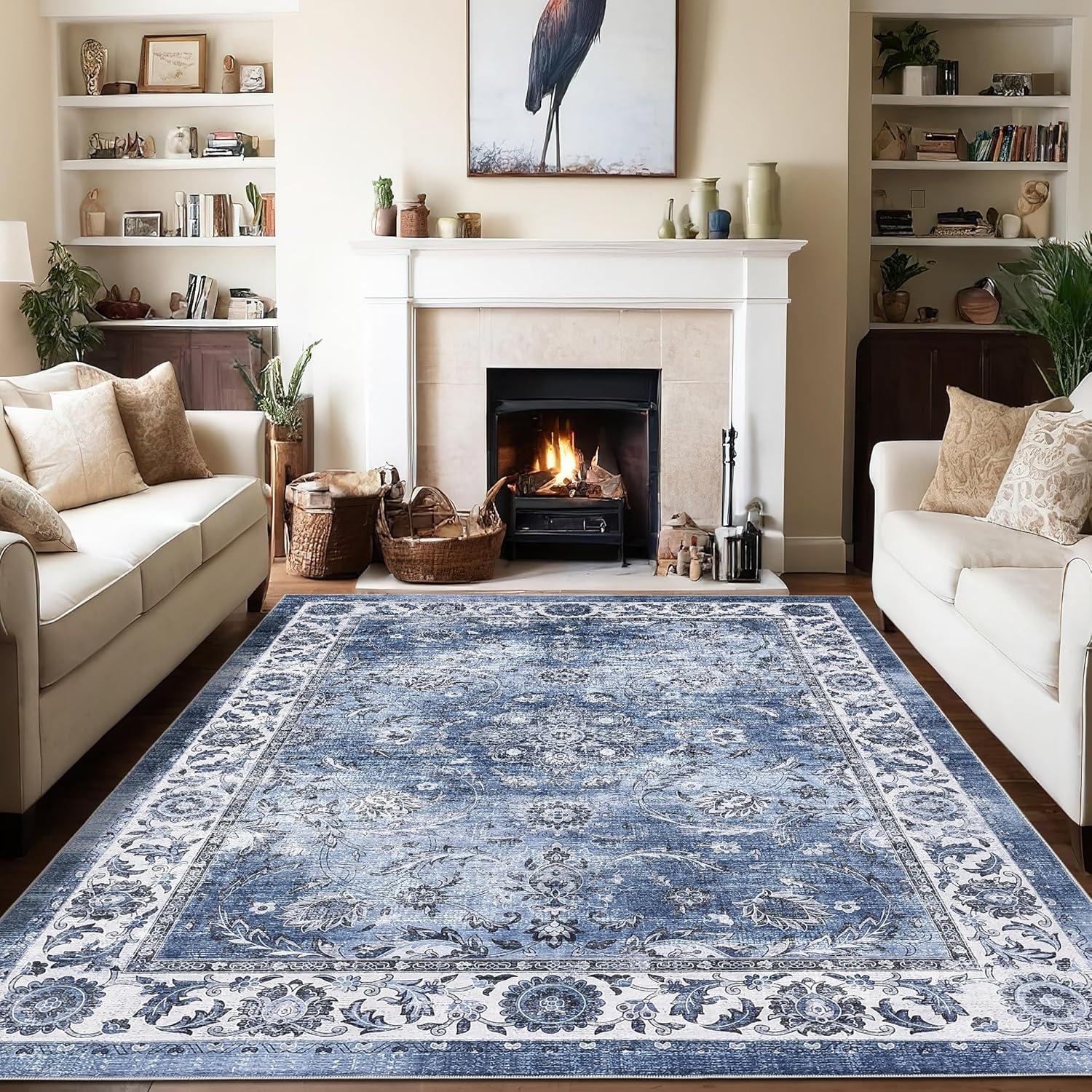 image:imageGarvee 8x10 ft Distressed Vintage Floral Print Area RugNonSlip Indoor Washable Rug Stain Resistant Retro Accent Low Pile Carpet for Living RoomBedroomKitchenDining RoomKids RoomNurseryBlueBlue