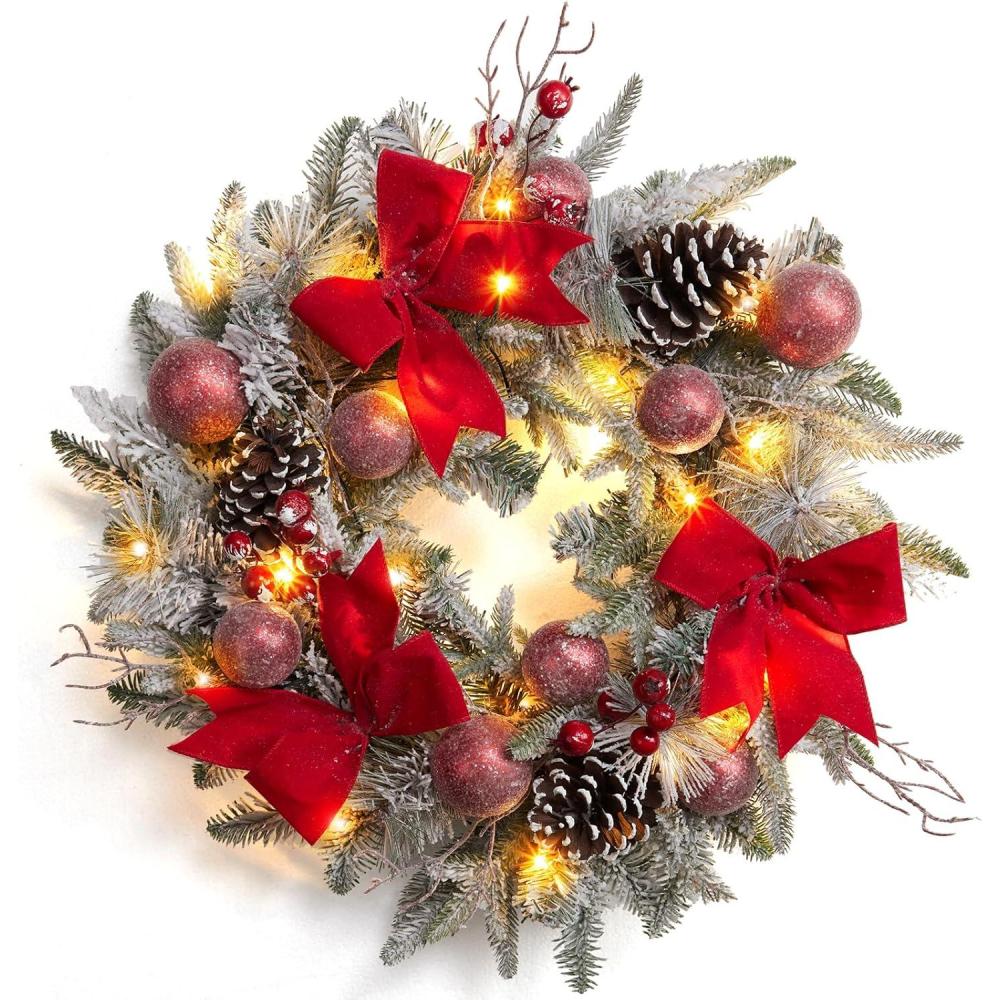 image:image24 PreLit Christmas Wreaths for Front Door Lighted Flocked Christmas Door Wreath with 30 LED Lights Red Balls amp Bows for Xmas Wall Windows Decorations OutdoorRed